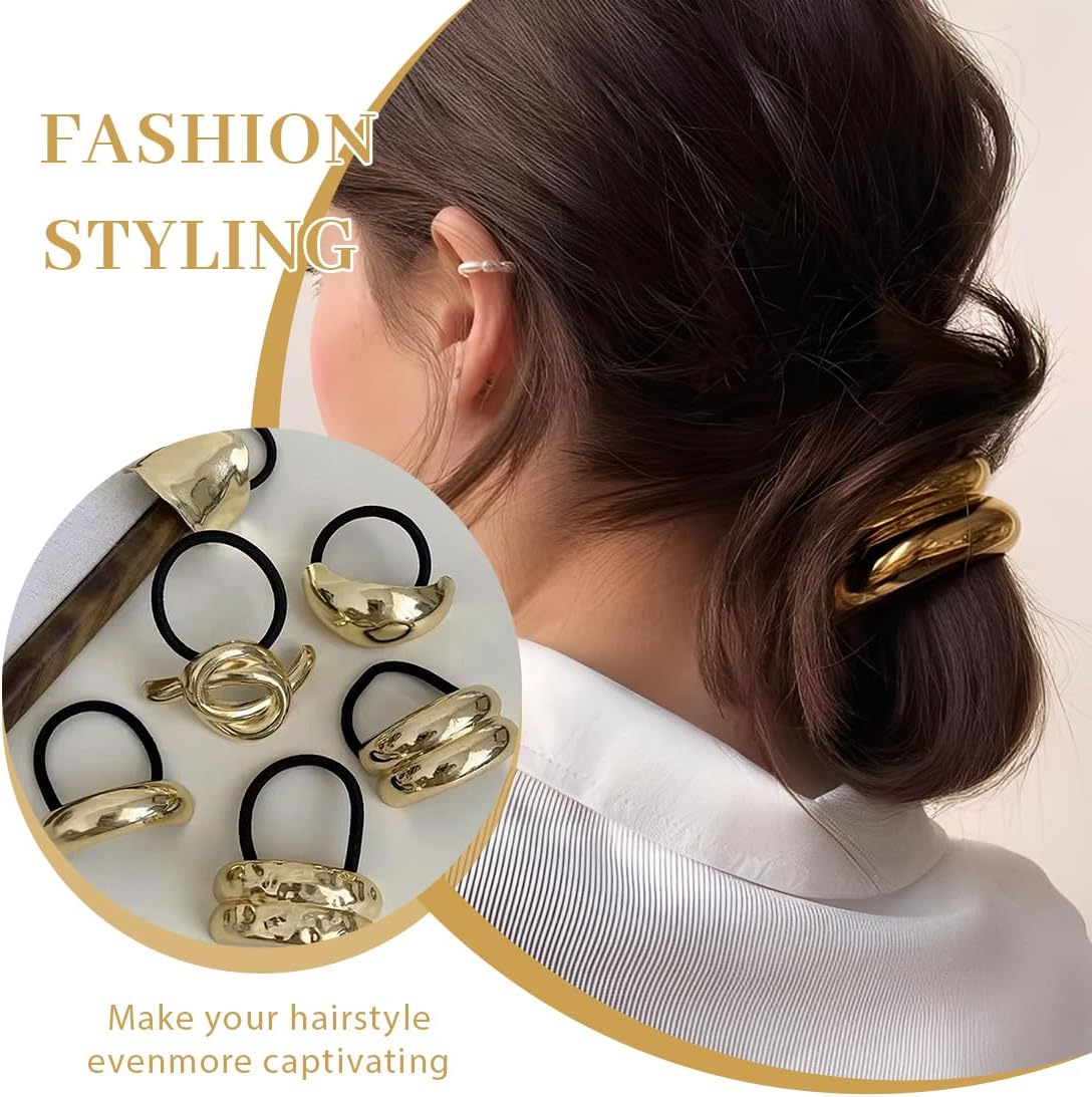 JYNXOR Pack of 6 Women'S Hair Bands, Hair Cuffs for Ponytail, Metal Hair Cuff, Hair Scrunchie, Gold, Hair Cuffs for Ponytails, Gold Hair Bobbles, Punk Hair Holder, Gold Ponytail Cuff image number 3
