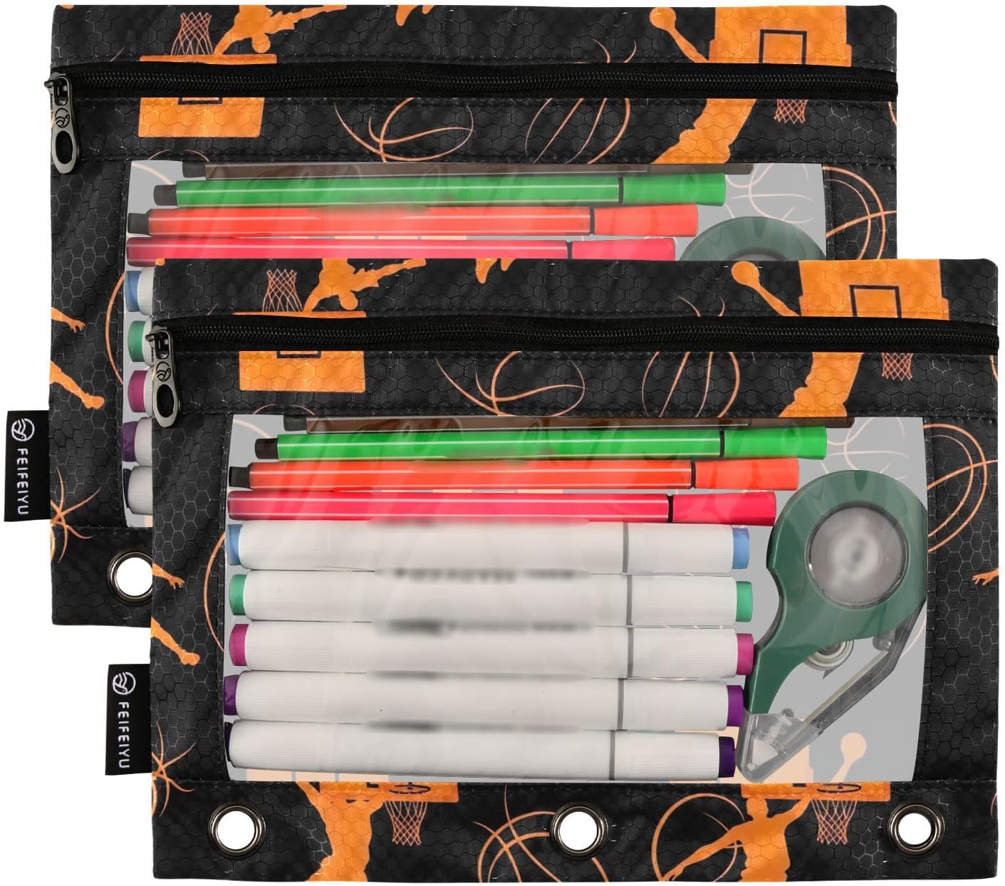 Orange Basketball Players Black Pencil Zipper Pouch with Clear Window for Home/Office/School Supplies, 2 Pack