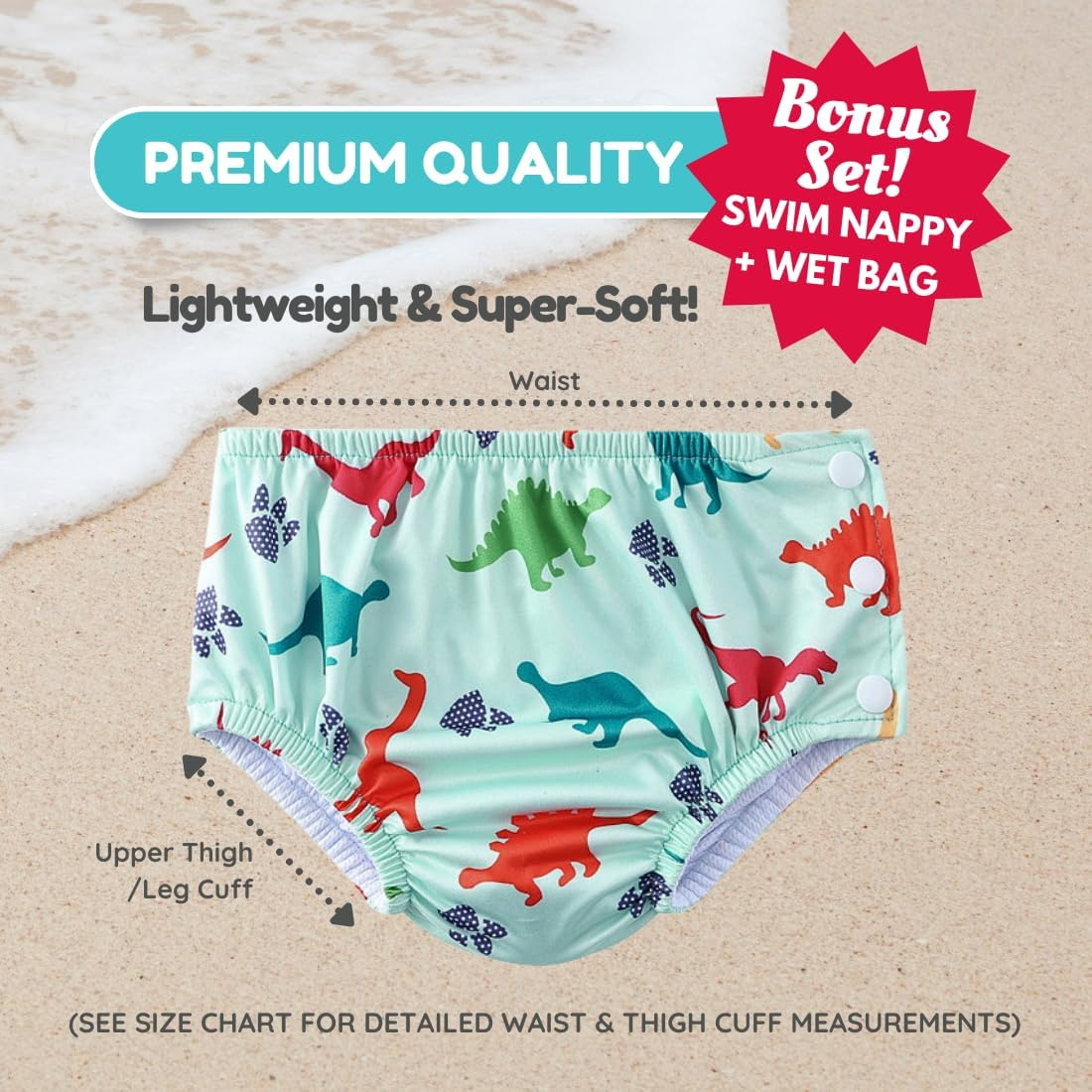 Reusable Swim Nappy with BONUS Wet Bag SMALL 4.5-7Kg (0-6Mths/Size 000-00) Premium Cloth Baby Boy Swimming Diaper & Matching Wet Bag Set DINOSAUR ROAR_S image number 1