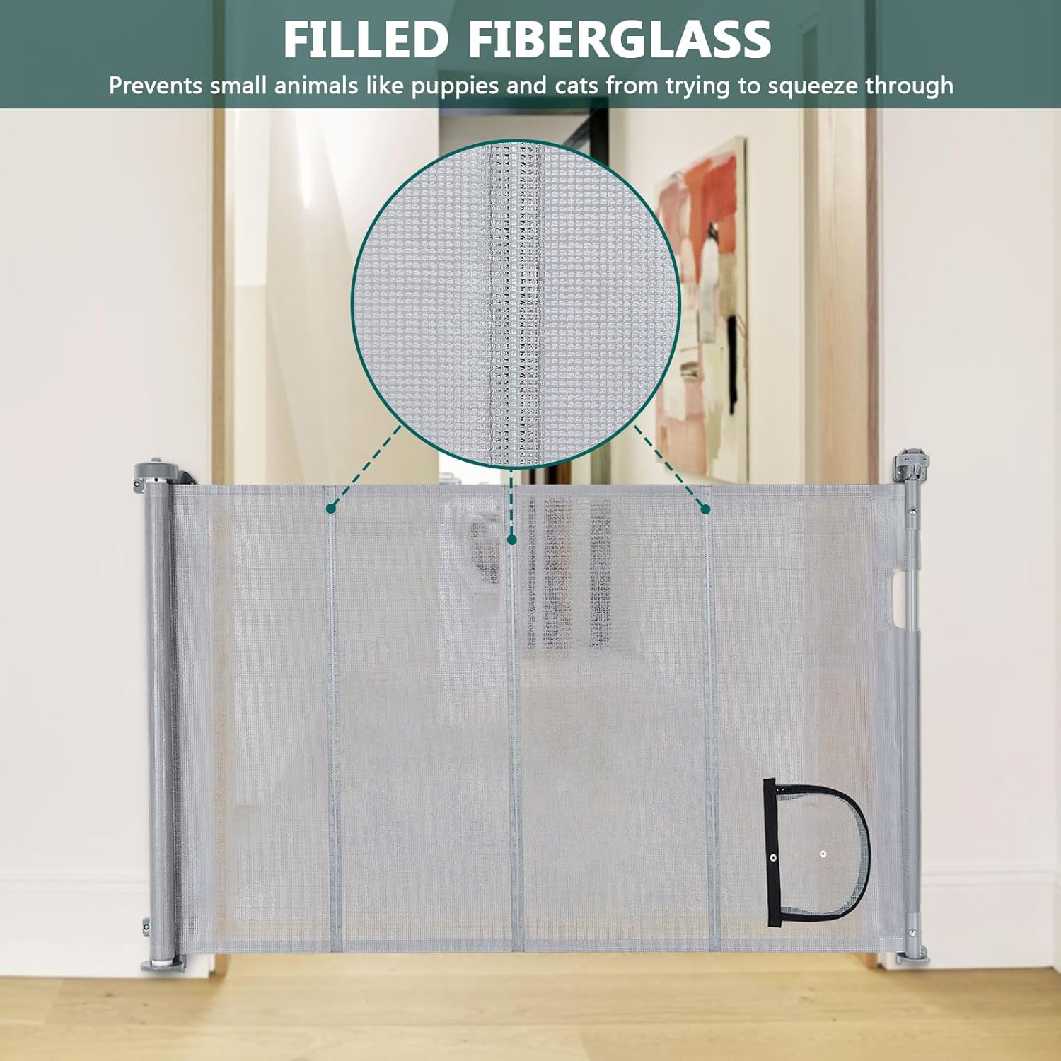 Ownpets Retractable Dog Gate with Cat Door 71 Inch Extra Wide Pet Gate, Retractable Gate for Cat/Puppy Dogs/Small Pet, Mesh Dog Gate for Stairs Doorways Hallways Indoor,Outdoor,Grey image number 4