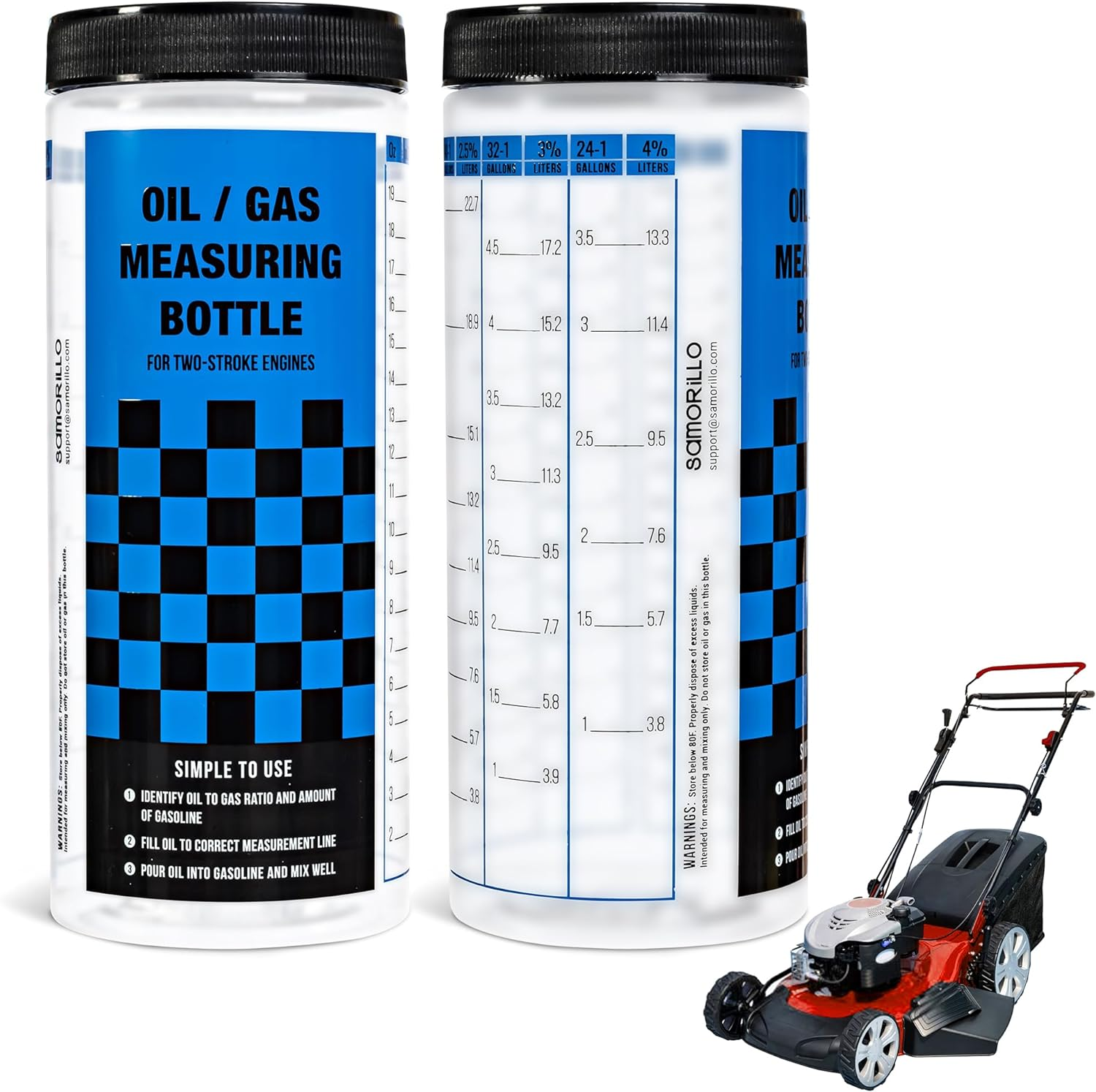 [2-Pack] Wide Mouth Oil/Gas Measuring Bottle - Reusable Mixing Bottle for Two Stroke Engines - Six Different Ratios & Smudge-Proof Measurements in Gallons & Liters - Mix Oil/Fuel Hundreds of Times