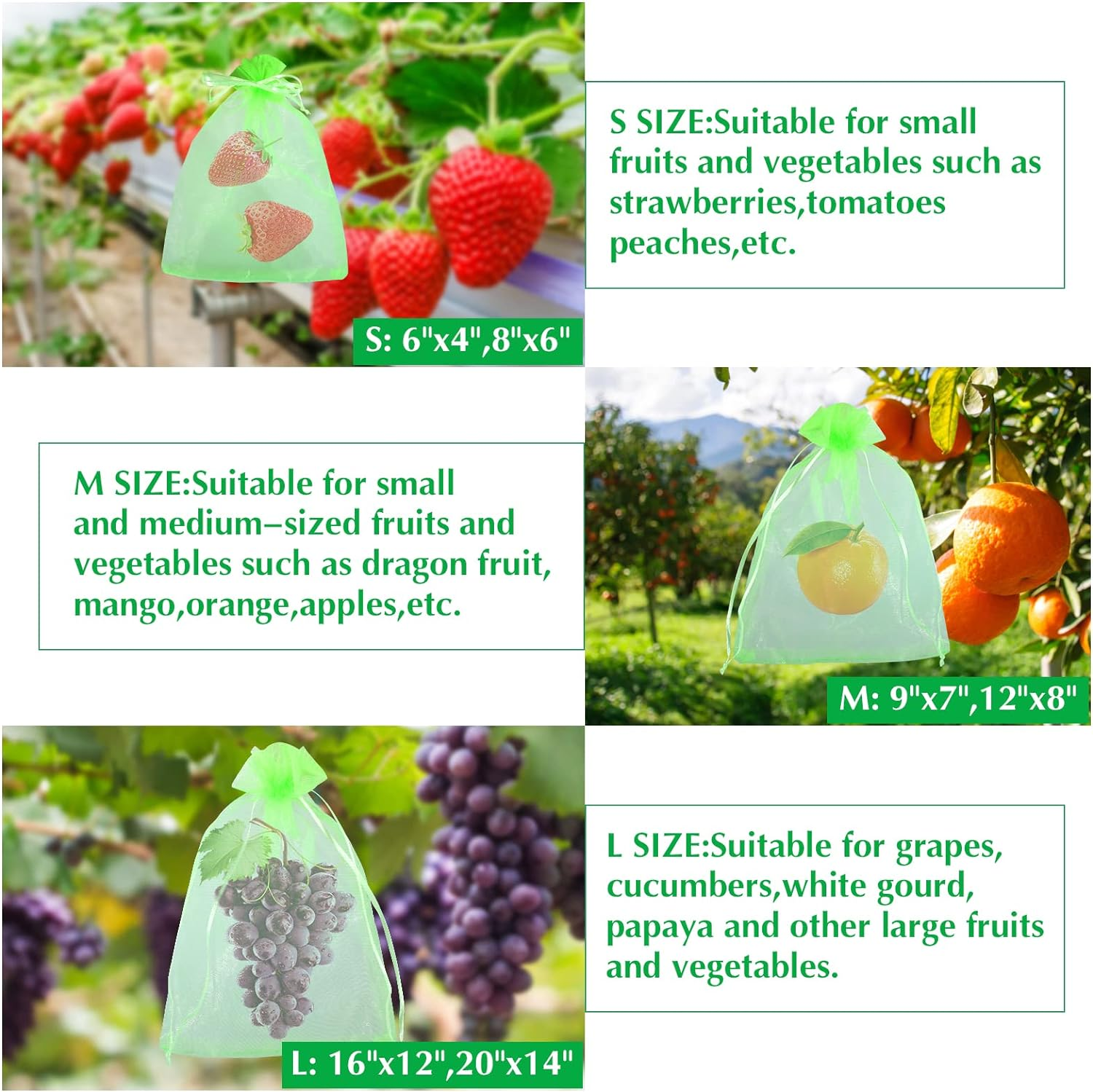 Kikhope 50 Pcs Fruit Protection Bags, 12''&times;8'' Fruit Netting Bags with Drawstring, Garden Fruit Cover Mesh Bag to Protect Plants from Pest Birds Squirrels image number 4
