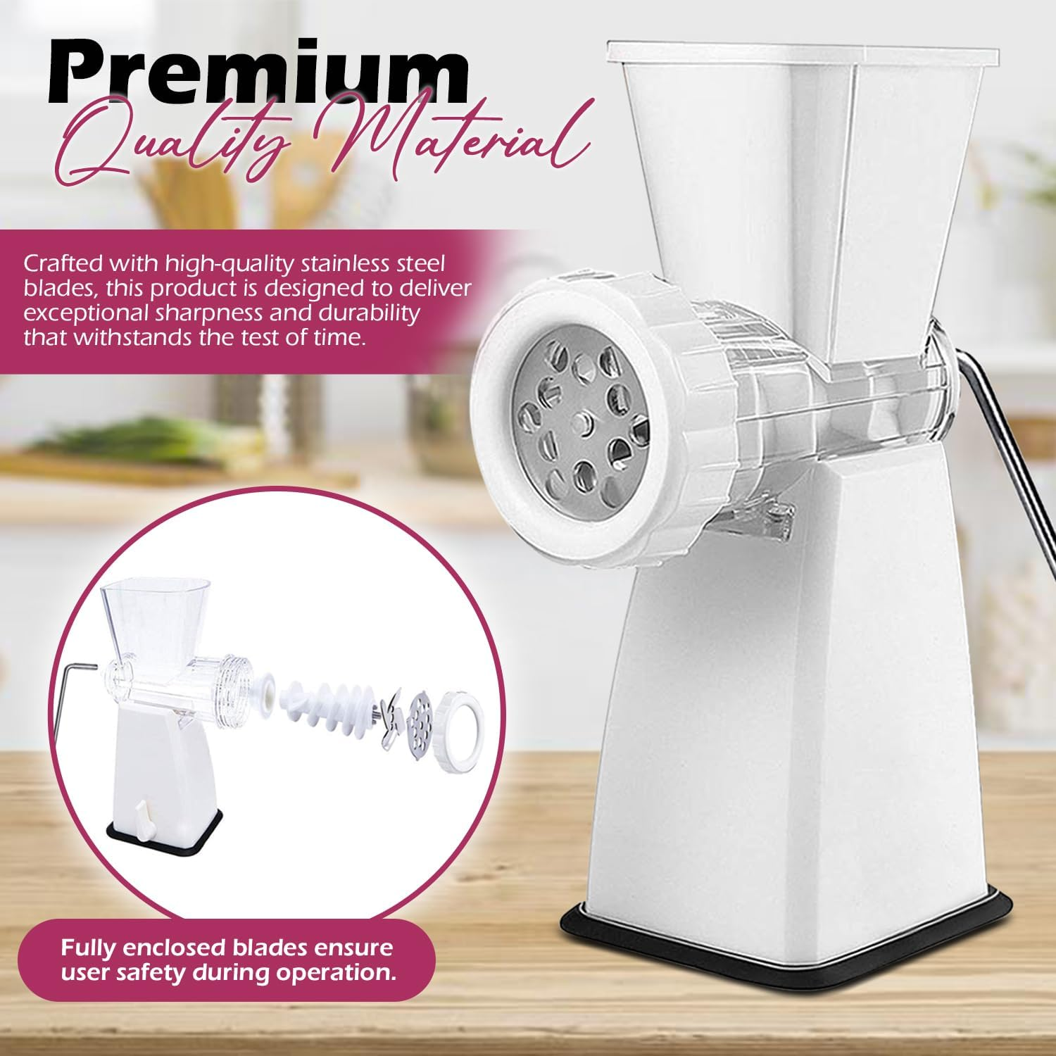 Manual Meat Grinder with Heavy Duty Suction Base &ndash; Stainless Steel Blades 2 Cutting Plates Sausage Stuffer Tube Cookie Dough Shaper & Pusher 3-In-1 Multifunctional Food Mincer for Meat Veggies Baking image number 2