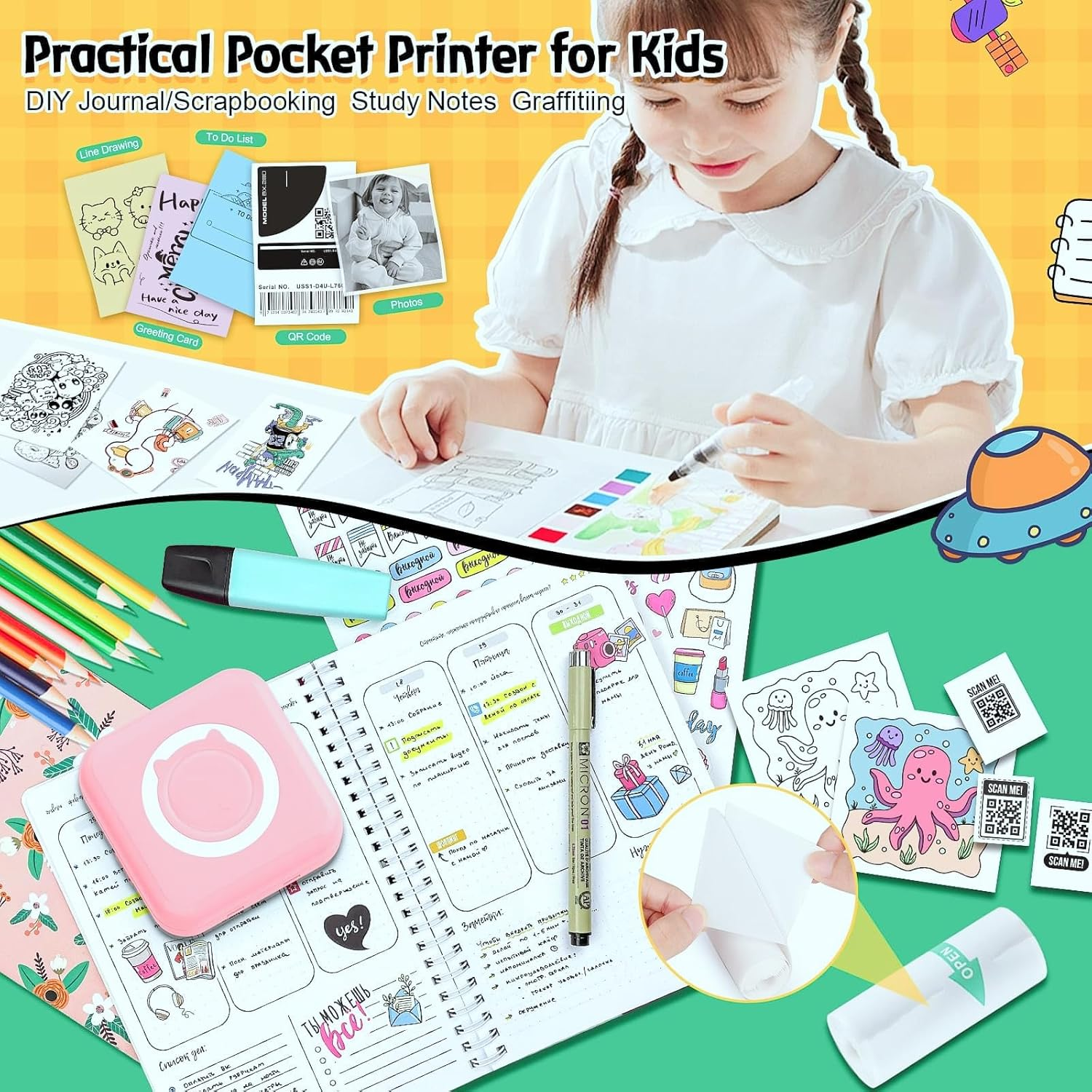 QYCHHJ Inkless Sticker Printer for Iphone/Android/Tablet, Bluetooth Mini Pocket Printer with 8 Rolls Thermal Paper, Portable Mini Printer for School Notes Journal Memo Photo Picture, Pink