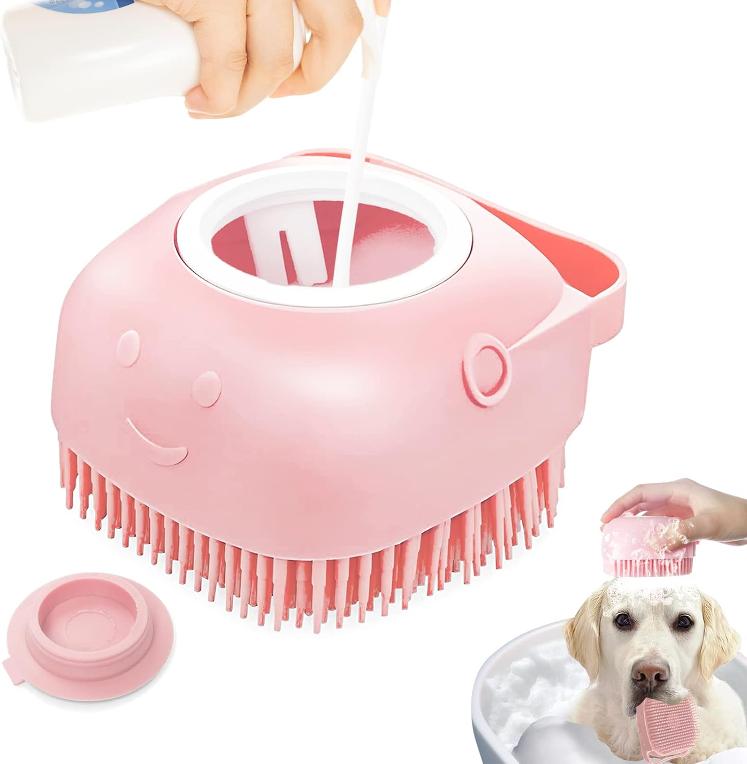 Dog Cat Bath Brush, with Soap and Shampoo Dispenser Dog Grooming Brush Massage Brush Soft Silicone Rubber Bristle for Short Haired Dogs Cats Shower (Pink) image number 5