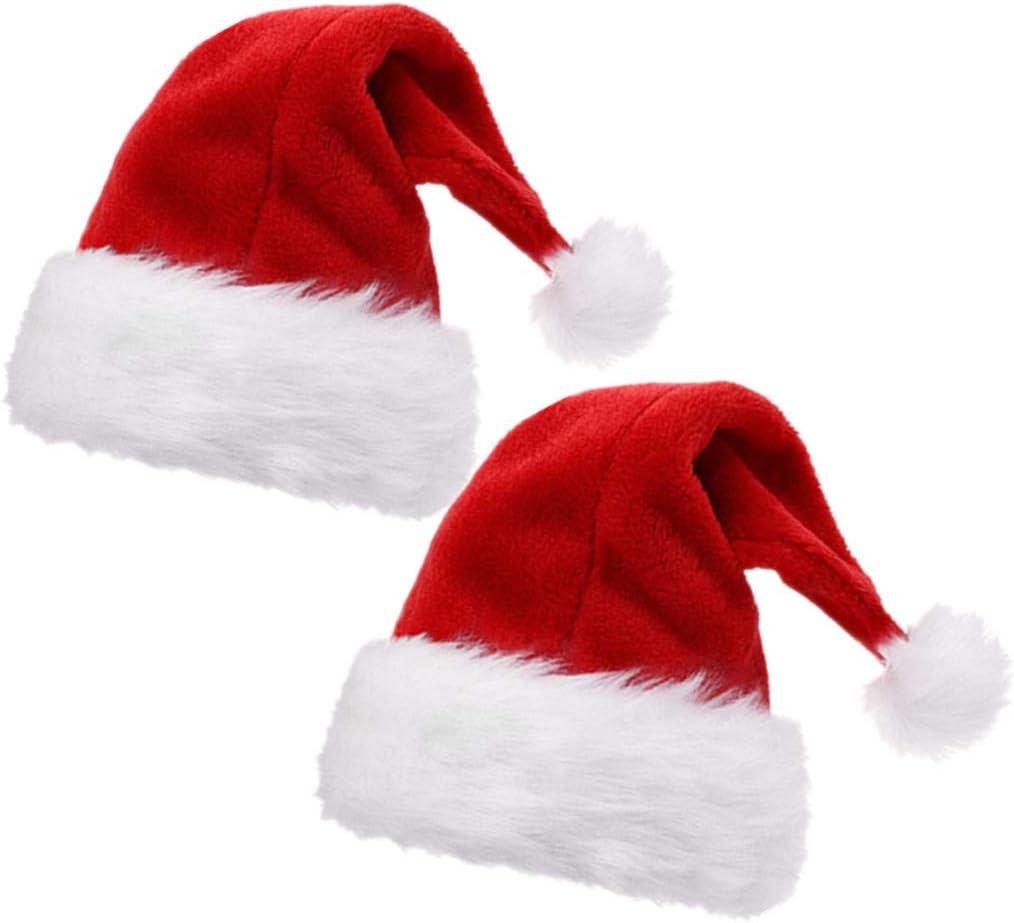 2Pcs Children Christmas Santa Hat,Kids' Double-Layered Luxury Plush Christmas Santa Claus Xmas Cap Hat image number 4
