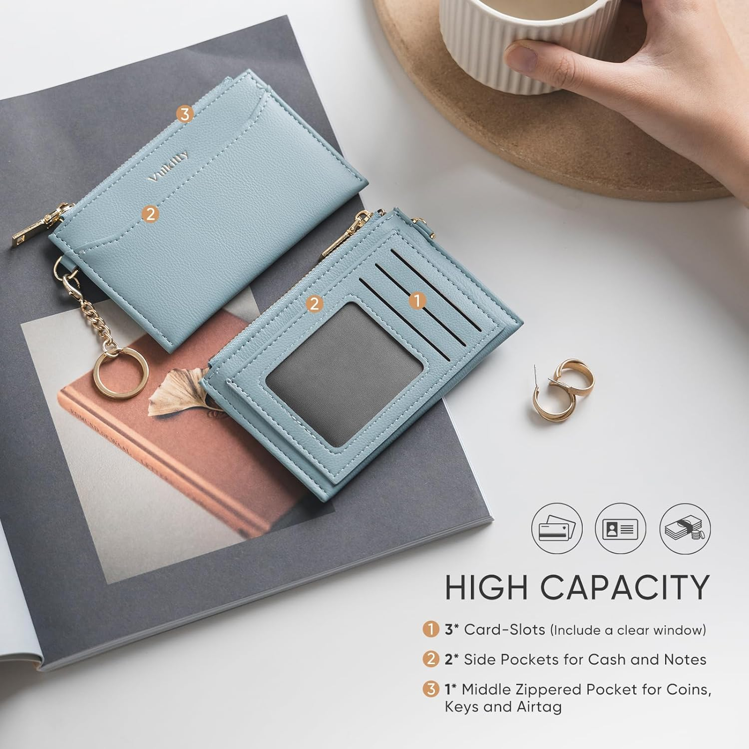 Vulkitty Slim Card Holder for Womem with Keychain and ID Window, Minimalist Wallet RFID Protected for Cards, Bills, Keys and Coins, Blue - Blue image number 5