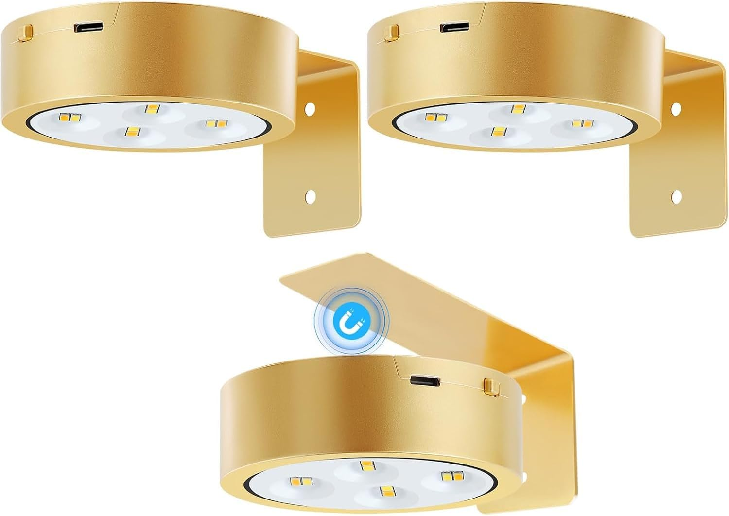 3PCS Battery Operated Picture Light, Wireless Picture Lights for Wall Rechargeable, Remote and Dimmable Timer Art Display Light for Picture Artworking Frame Portrait, Wall Decor Puck Lights (Gold)