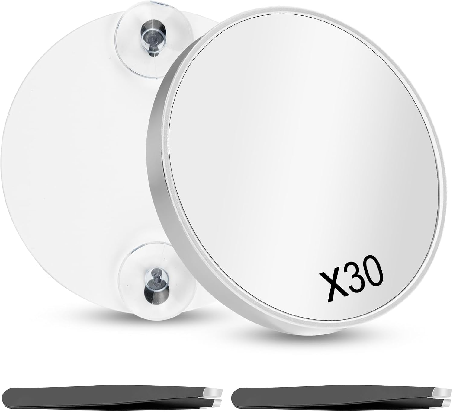 30X Magnifying Mirror, 3.5 Inches Magnifying Mirror with Suction Cup and 2Pcs Tweezers, Stick on Shower Mirror Travel Pocket Magnifying Mirror Plucking Eyebrows Mirror Set -White