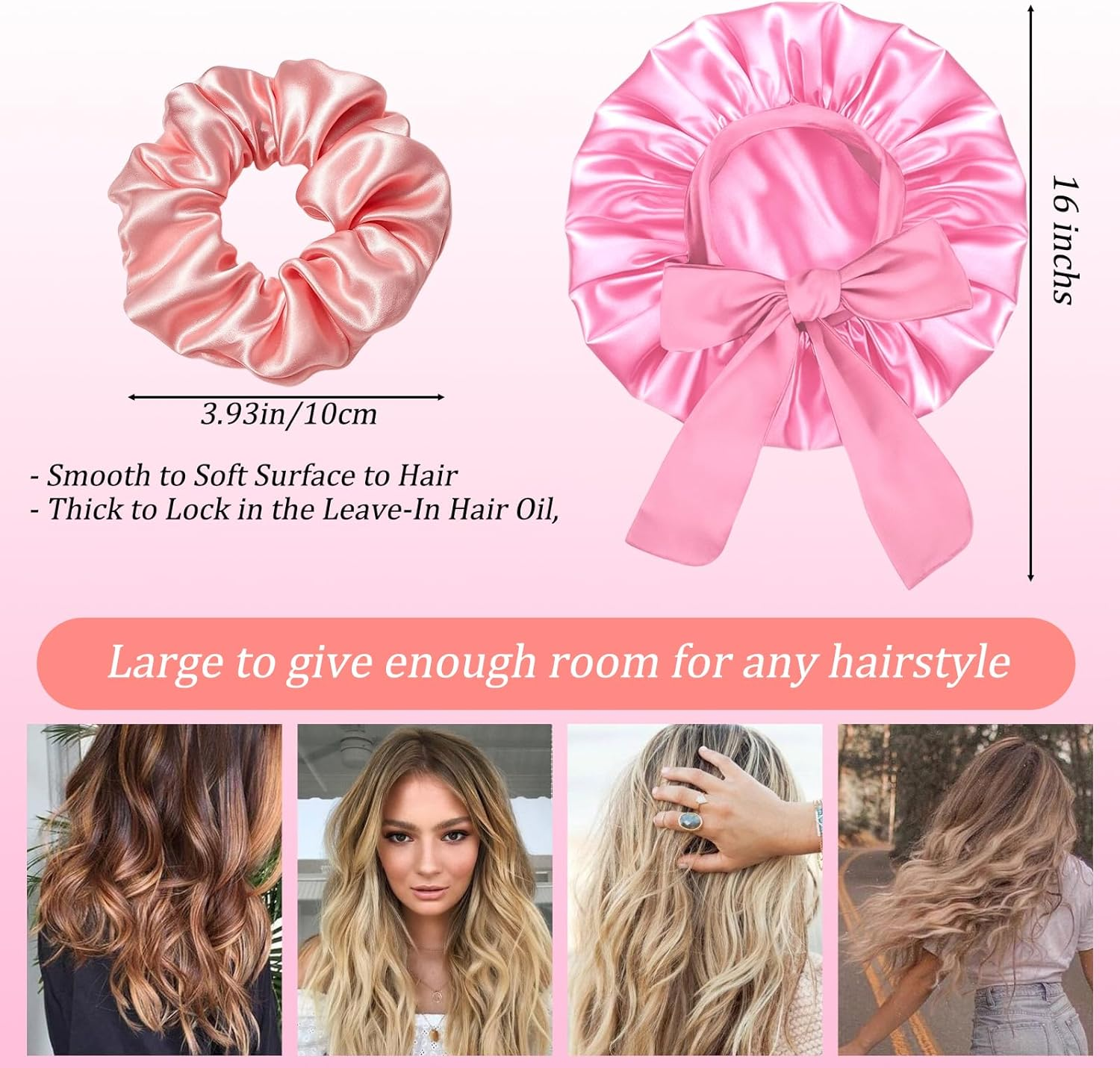 Silk Bonnet for Sleeping, 42Cm Large Size with Cross Design, Includes Pink Hair Tie, Ideal for Gym, Travel and Daily Use