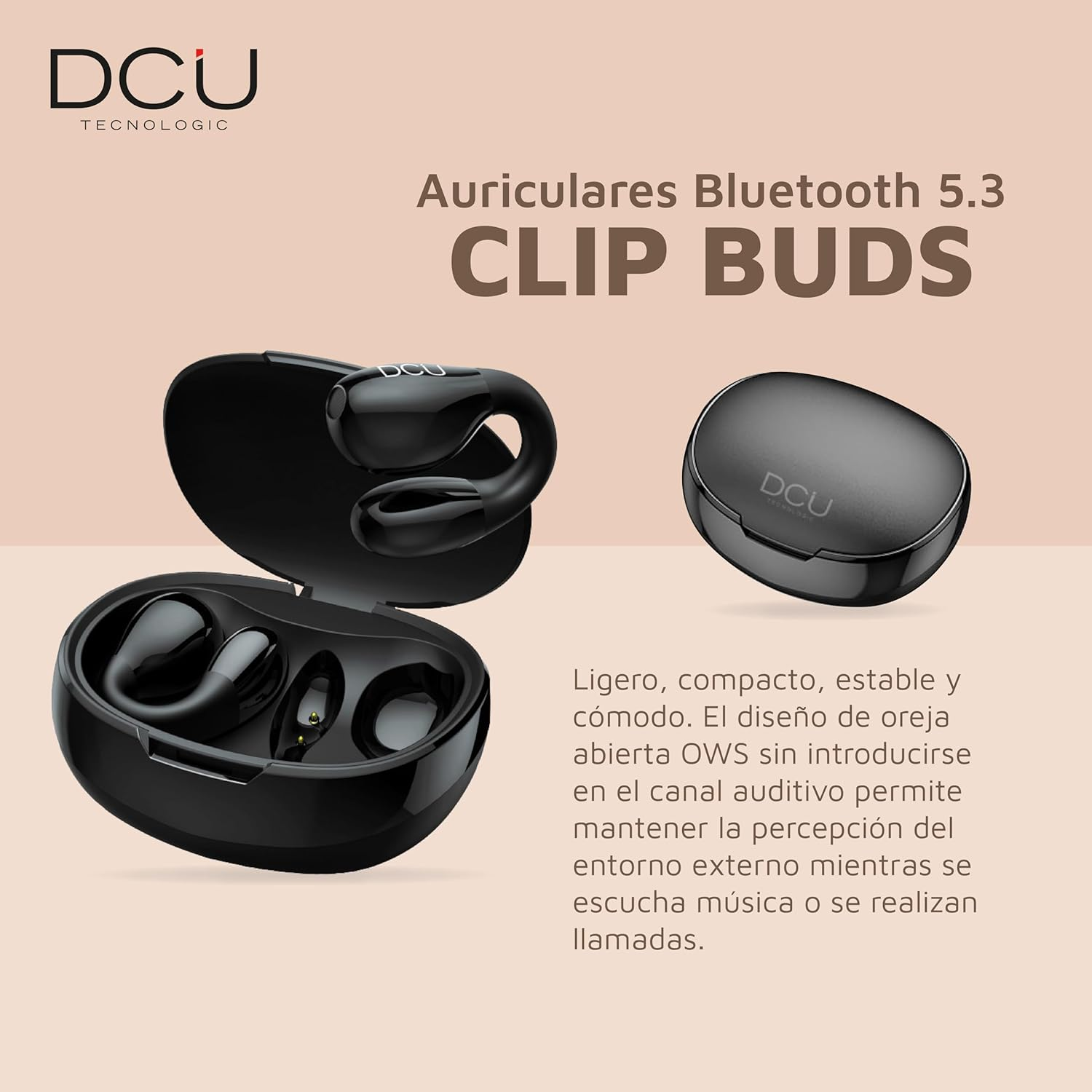 DCU TECNOLOGIC - Bluetooth 5.3 Clip Buds Headphones - Wireless - Multi-Point Connection - 7 Hours of Continuous Use Time (Single Charge) over 30 Hours with Charging Case. Colour: Black image number 4