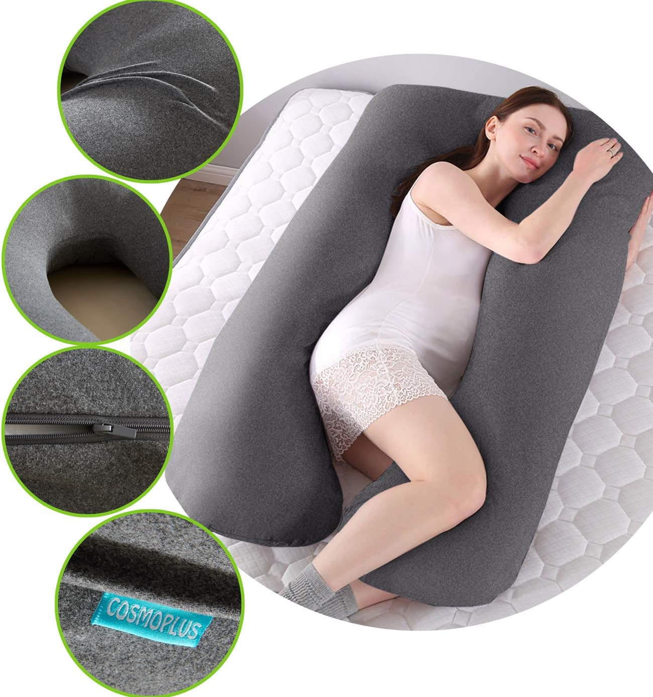 COSMOPLUS    U Shaped Full Body Pillow Case  for Maternity,Stretchy Cool Breathable Jersey Fabric, Provides Sleep and Pregnancy Support,Heather Grey image number 3