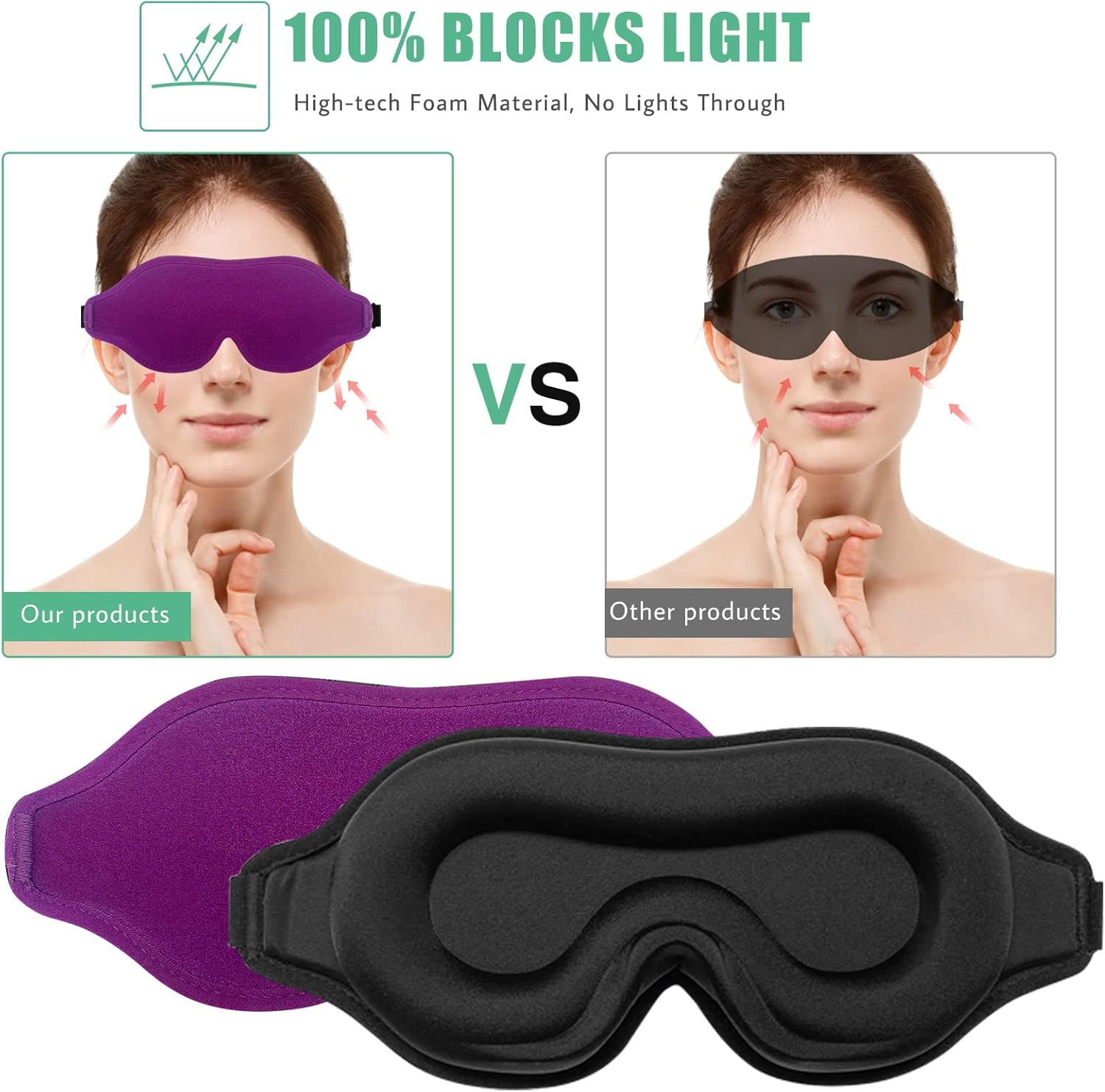 Sleep Mask for Men & Women, 2 Pack 3D Contoured Eye Mask for Sleeping with Adjustable Strap, Beevines Molded Night Sleep Mask Blindfold, Soft Breathable Shade Cover for Travel Yoga Nap（Black & Purple） - 05 Black  Purple image number 3
