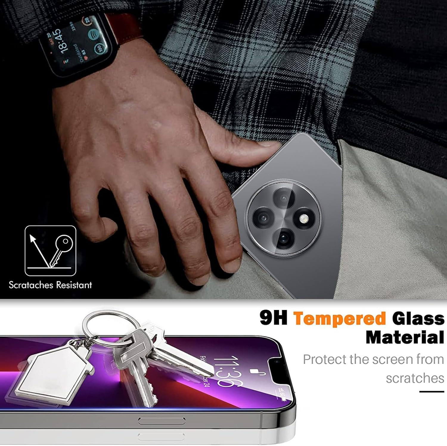 Pack of 2 + 2 Screen Protectors Compatible with Oneplus 13R 5G for Tempered Glass + Camera Protective Film, 9H Hardness HD Clear Film, Anti-Scratch, Anti-Fall Screen Protector image number 3