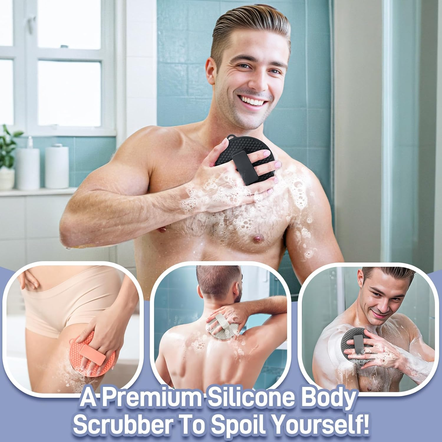 GEENOA Silicone Body Scrubber for Shower, Hygienic Silicone Loofah with Waved Bristles and Non-Slip Handle, Durable Body Buffer Shower Scrubber for Gentle Exfoliating & Lathering(Black)