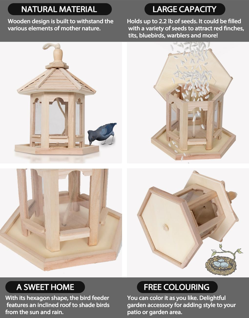 Qttie Wooden Bird Feeders for Outdoors Hanging Bird Feeder, Transparentbird Feeder, Wild Bird Seed for outside Feeders and Garden Decoration Yard for Bird Watchers image number 5