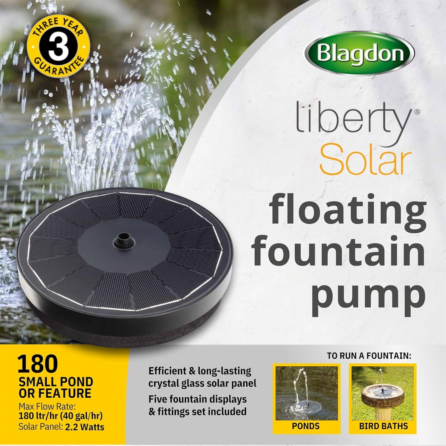 Blagdon Liberty Solar Floating Fountain Pump for Small Ponds, Water Features, Bird Baths, with Crystal Glass Panel, Five Fountain Displays, All Fittings Included, Max Flow Rate 180 Ltr/Hr, 2.2 Watts image number 1