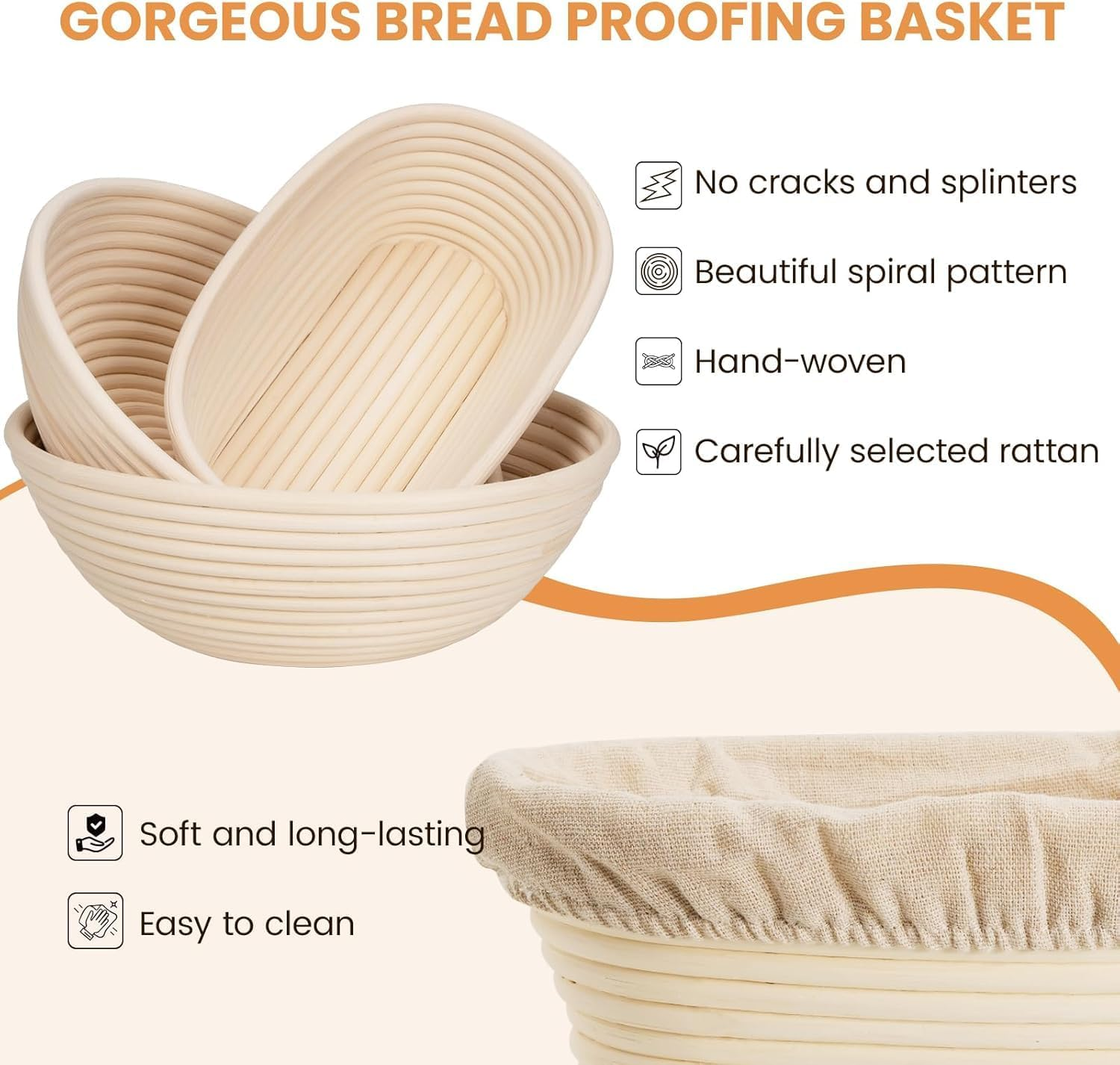 Banneton Bread Baskets Set,Two 10-Inch Oval Sourdough Proofing Bowls Handmade Rattan Baskets and Liners Sourdough Proofing Basket Perfect for Professional & Home Sourdough Bread Baking image number 6