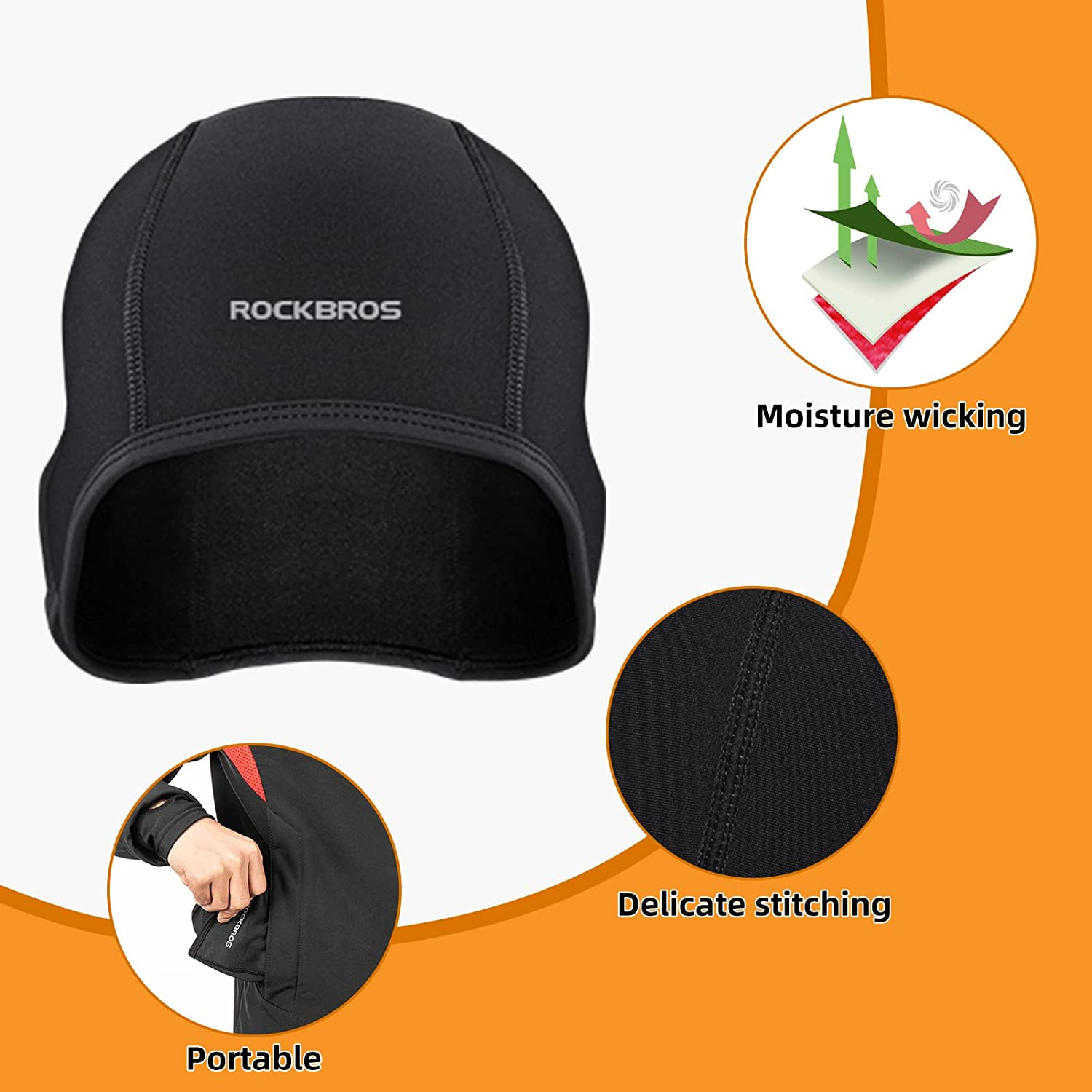 ROCKBROS Men'S Winter Cycling Skull Cap Helmet Liner Windproof Warm Fleece Thermal Hat image number 4