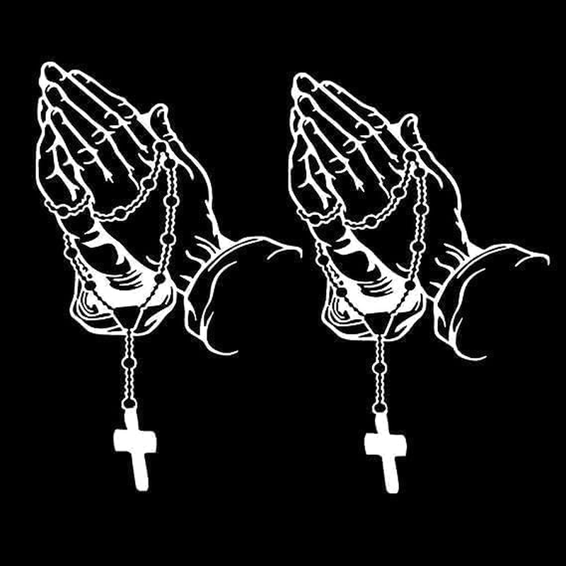 2Pcs White Praying Hands and Rosary Car Stickers - Jesus Pearl Religious Decals for Cars, Laptop, Motorcycle | Waterproof Bumper Decoration,For Christ Personalized Stickers image number 1