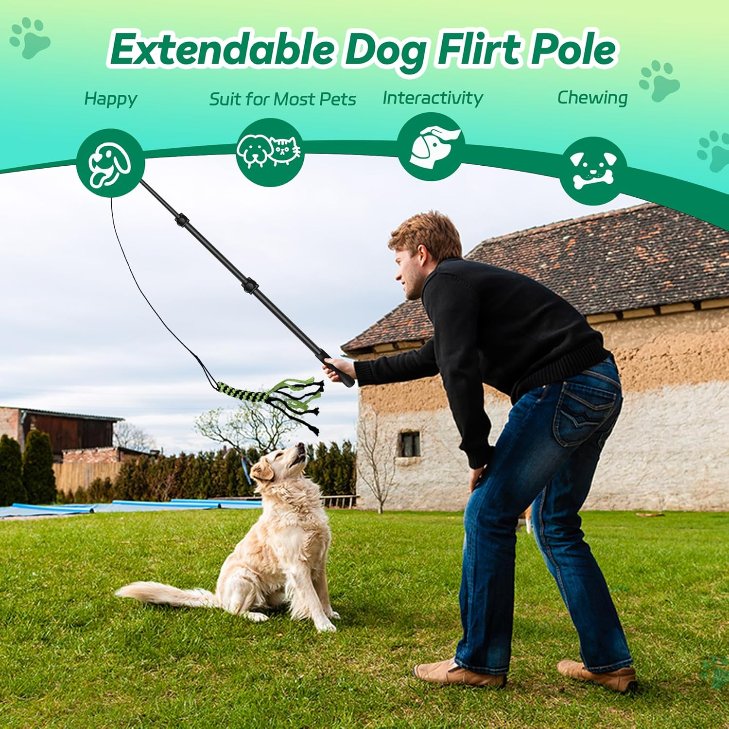 Amacielo Flirt Pole for Dogs, Interactive Toys Tug-Of-War for Dogs, Durable Teaser Wand, Chase Toys with Rope Chewing Sticks, for Outdoor Exercise & Training image number 1