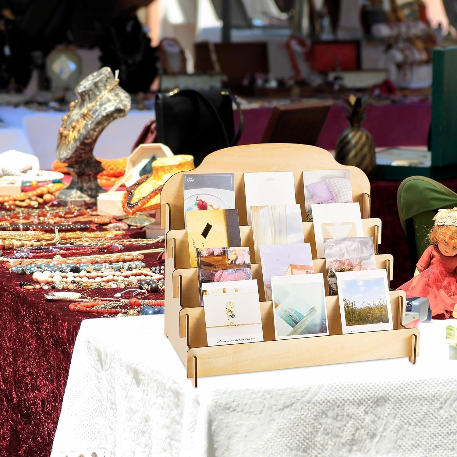 IONPSHG 1Pcs Greeting Card Display Stands 4Tier Durable Wooden Stickers Display Risers Multipurpose Portable Blank Retail Display Shelves Card Display Rack for Greeting Card Photos Postcard Literature (1) image number 4