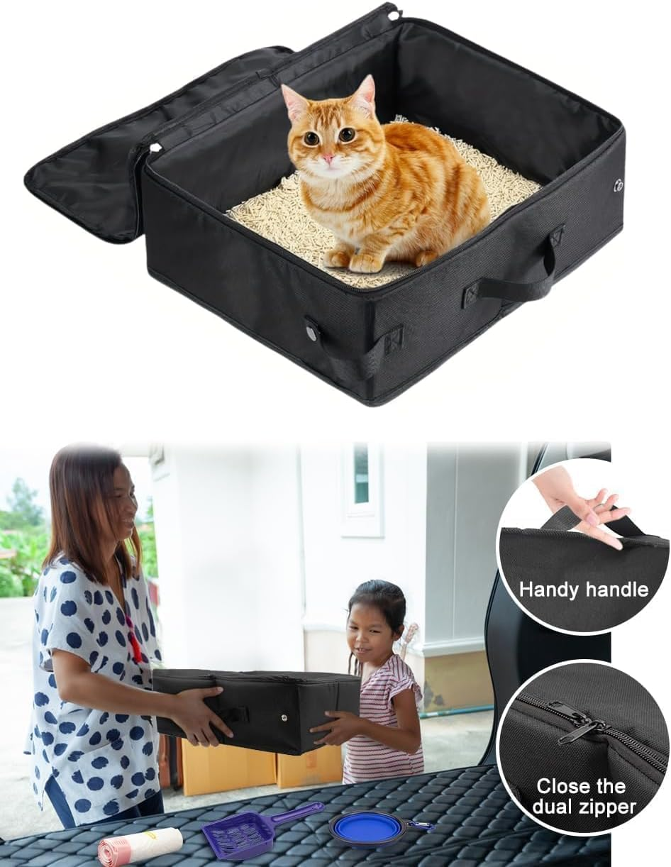 MINZHI Travel Cat Litter Tray with Lid, Foldable Portable Cat Litter Tray, Waterproof, Black, Folded: 20 X 15 X 5 Cm, Extended: 40 X 30 X 15 Cm, for Cat Owners, Travelers, Outdoor Enthusiasts