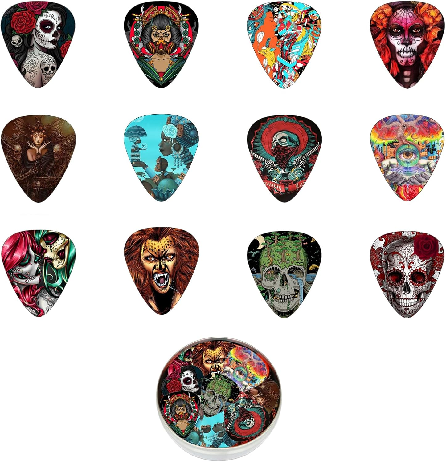 16 Pack Guitar Picks with Organizer Storage Box, 3 Different Thickness Colorful Celluloid Guitar Picks Plectrums for Acoustic Guitar, Electric Guitar, Bass, Ukulele