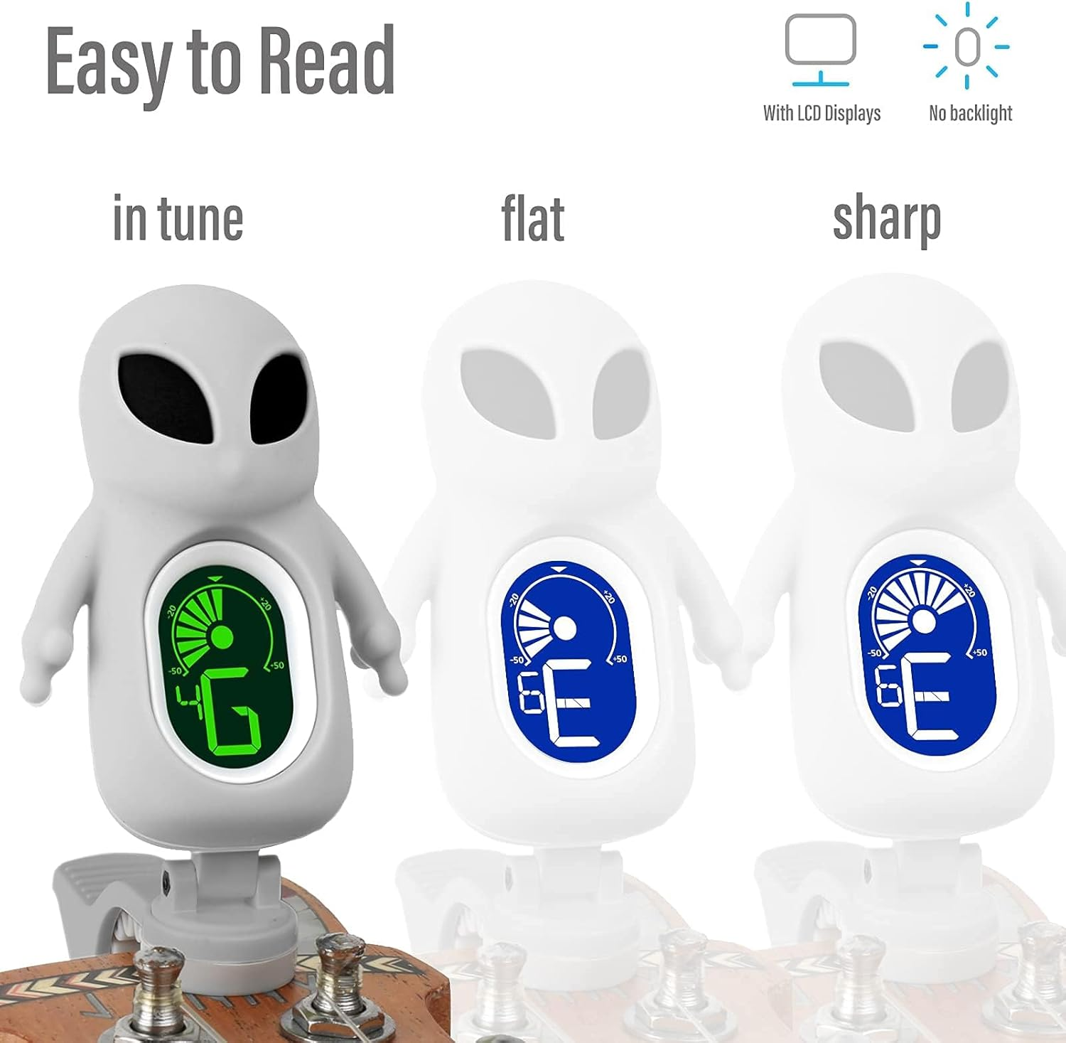 Guitar Tuner, Accurate Tunning, with Digital LED Displays, Cute Cartoon Tuner Perfect for String Instruments, Guitar Tuner Clip on Acoustic, Bass, Classical Electric Guitar A71 (Gray) image number 4