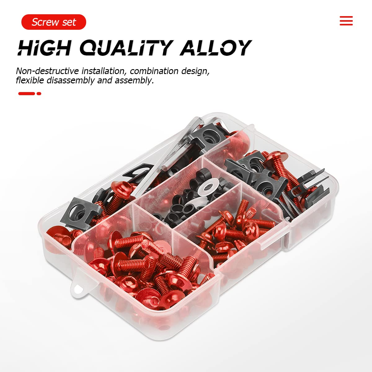 BELOMI Motorcycle Fairing Bolt Kit, 177Pcs M5 M6 Motorcycle Windscreen Screws, Aluminum Fasteners Fairing Bolts Nut Clips Kit, Mounting Kits Washers Nuts Screws Assortment for Sport Bikes (Red) image number 5
