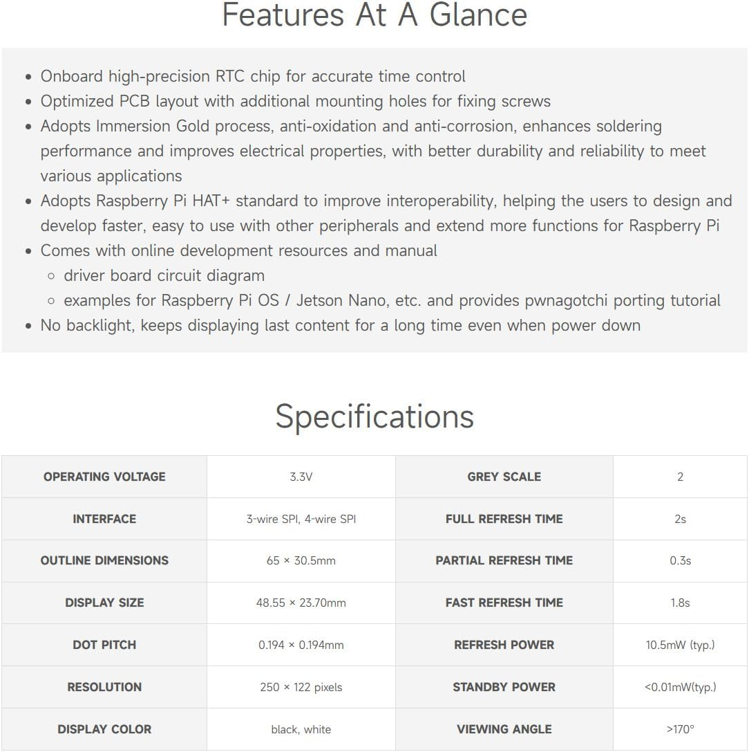 Waveshare 2.13Inch E-Paper,For Raspberry Pi 5/4B/3B+/3B and Raspberry Pi Zero W/2W Series Boards,Pwnagotchi Screen/E-Ink Screen for Pwnagotchi Kit,Spi Interface, HAT+ Standard image number 2