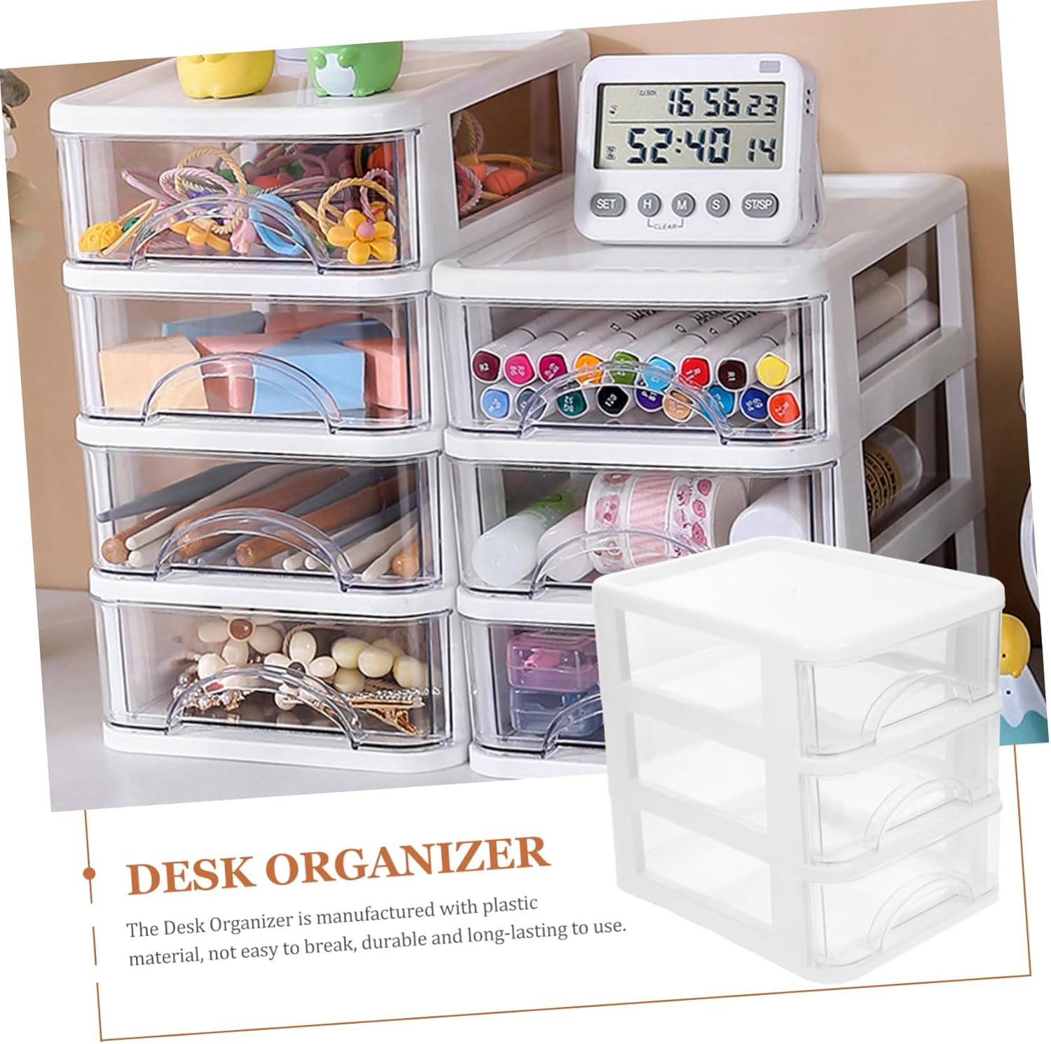 COMPUKAS Desk Organizer with 3-Layer Drawers White Plastic Desktop Storage Box Multi-Function Stationery Organizer for Office and Home Use image number 2