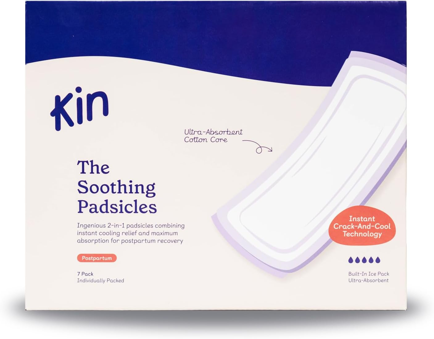 Kin Soothing Padsicles, Pack of 7 | Instant Cooling Postpartum Recovery Pads for Perineal & C-Section Relief, No Freezer Needed, Ultra-Soft & Absorbent Cold Therapy image number 1
