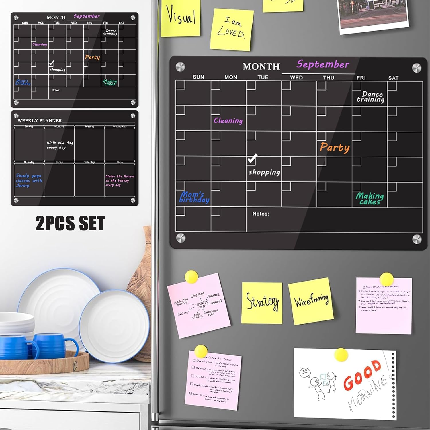 Acrylic Fridge Calendar for Refrigerator Monthly and Weekly Magnetic Planner Board Reusable Planner Board Organiser Board for Kitchen 2PCS Planning Boards Black image number 4
