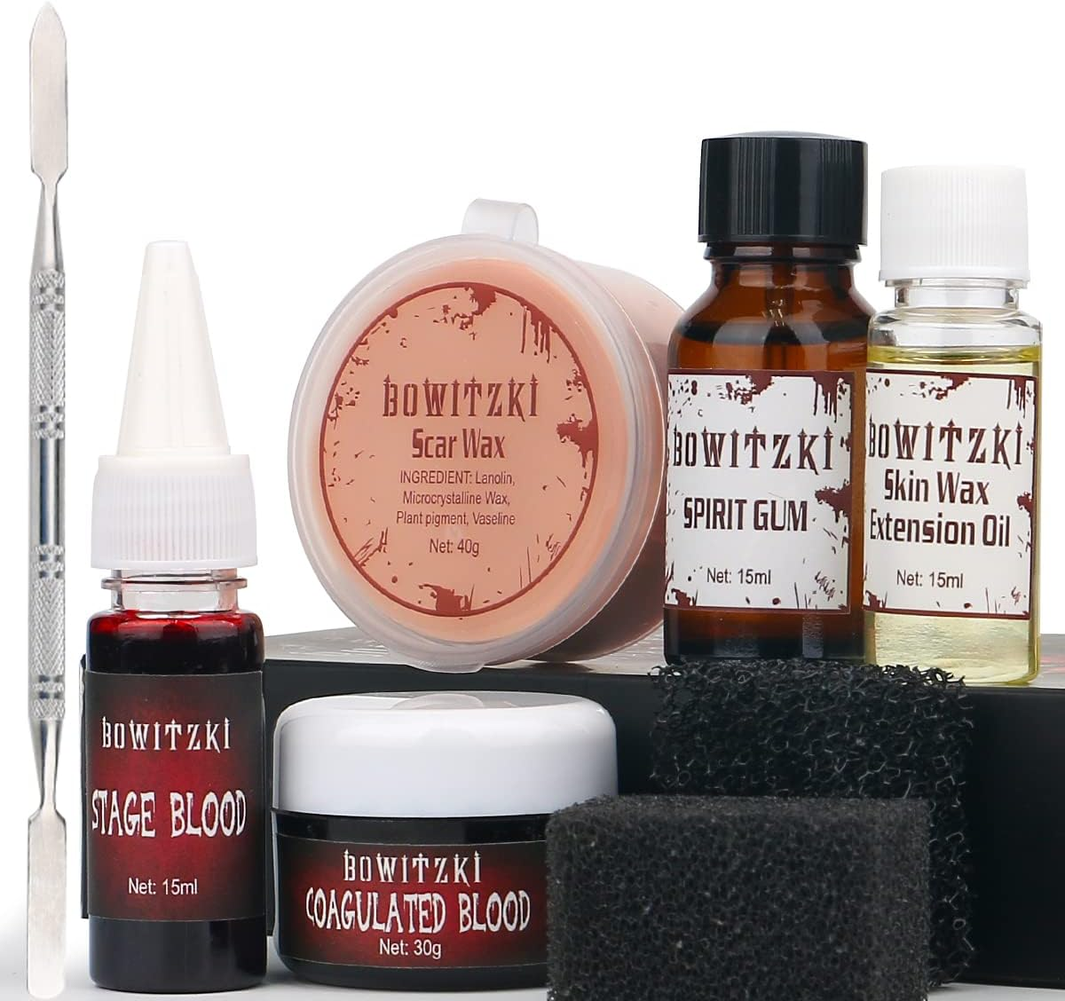 Bowitzki Halloween SFX Makeup Kit Scar Wax Special Effect Makeup,Scab Blood + Spirit Gum + Skin Wax + 2 Stipple Sponges + Extension Oil + Spatula + Fake Blood image number 4