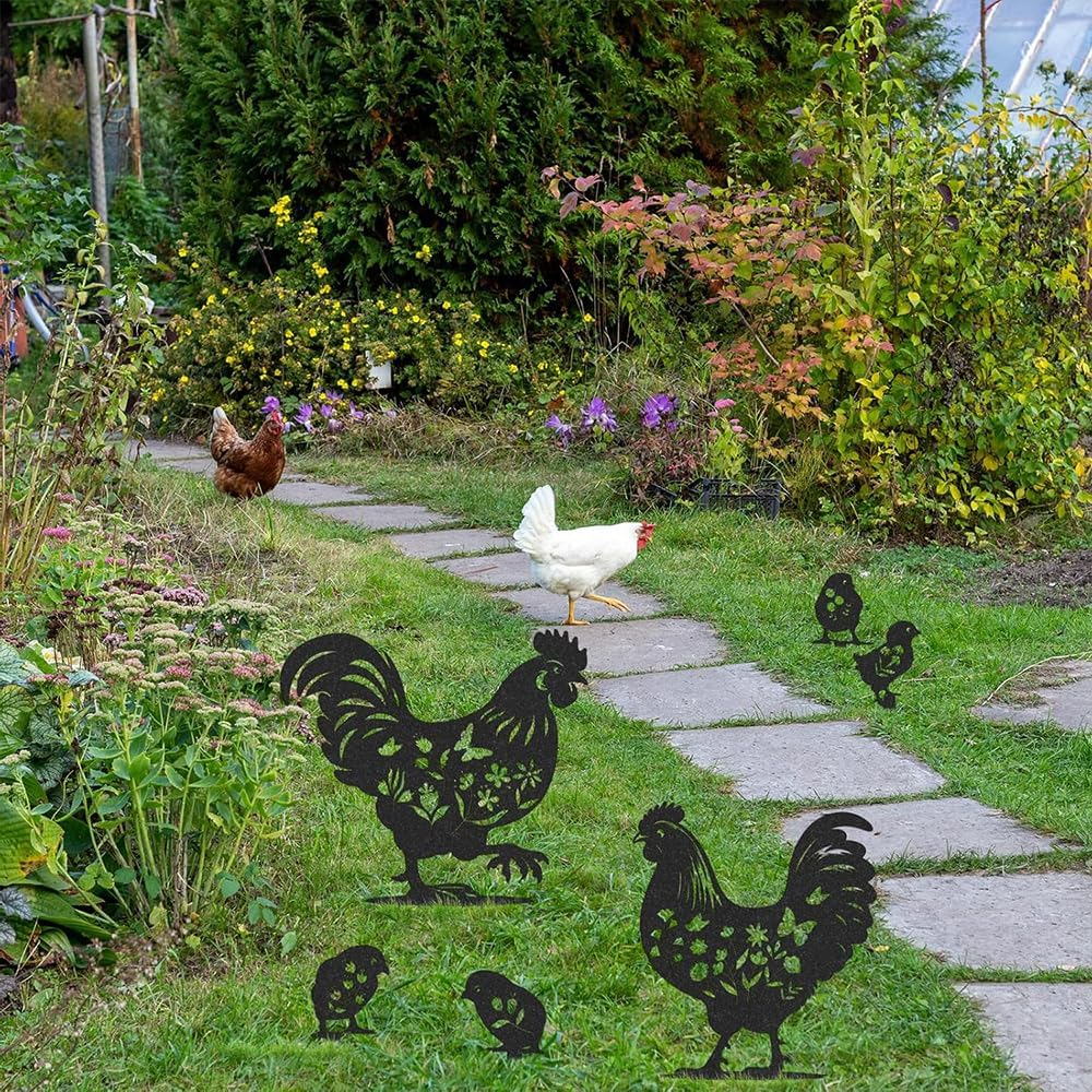 Black Metal Rooster Garden Statues &ndash; 6PCS Chicken Yard Art, Durable Outdoor Decor for Lawn, Patio, and Farmhouse. Lifelike Hen and Rooster Silhouette Stakes