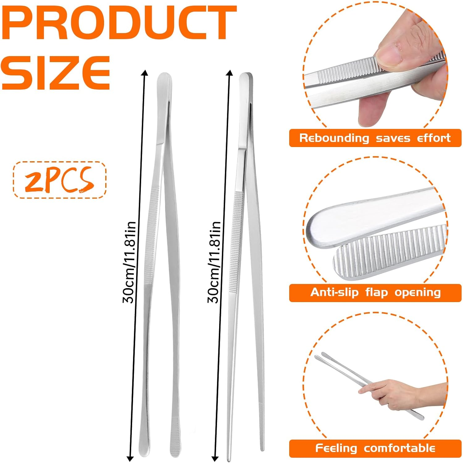 Cooking Tweezers Set, 2PCS 12-Inch Stainless Steel Kitchen Tongs with Fine Head and Broader Head, Professional Cooking Tools for Kitchen, BBQ & Culinary Tasks image number 4