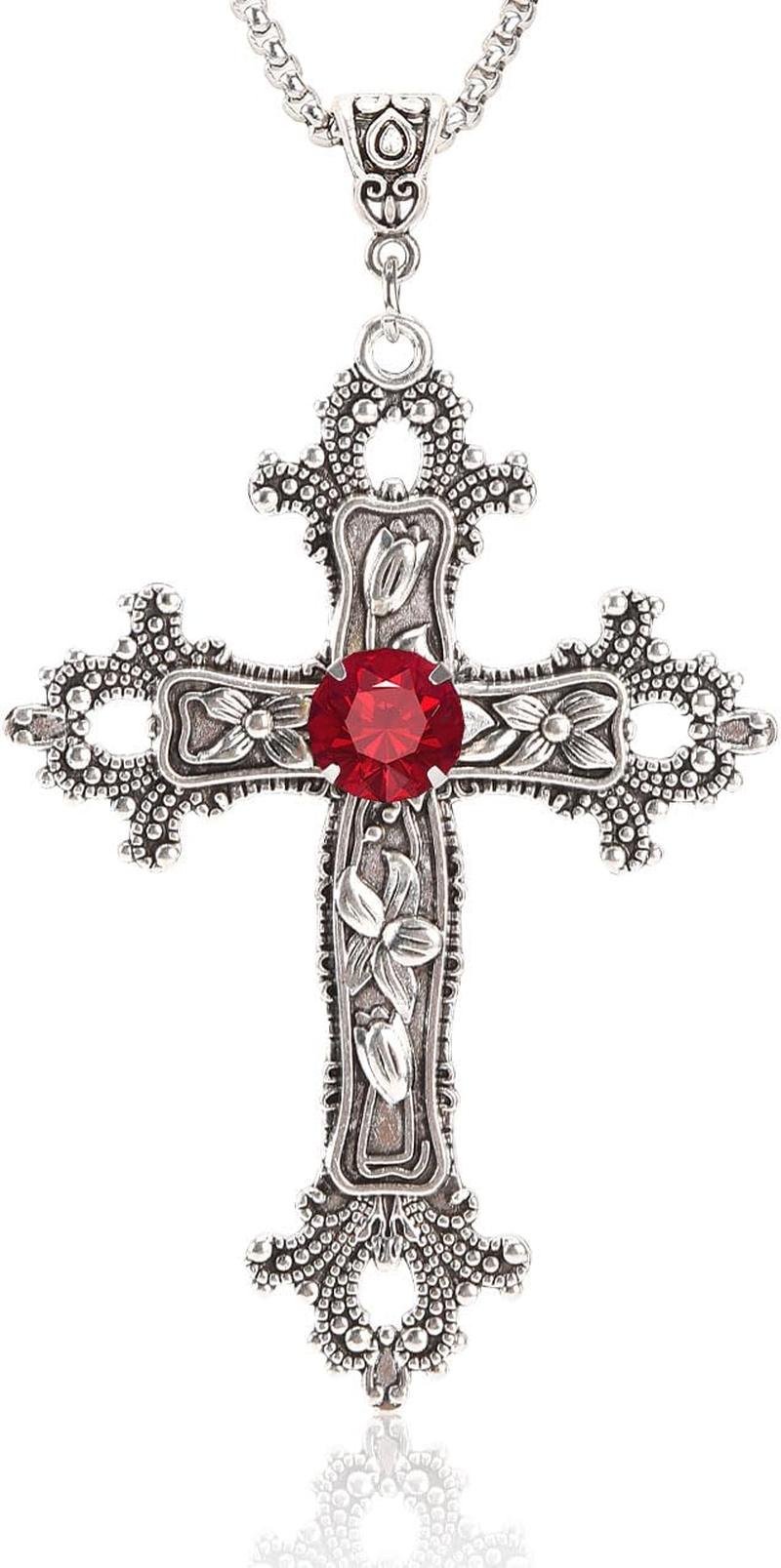 SHUS LIVE Gothic Cross Necklace Silver-Tone Pendant with Glass Stone, on 25&rdquo; Steel Chain, Cross Necklace for Women, Large Goth Silver Cross Necklaces for Man, Big Y2K Necklaces, Halloween Jewelry