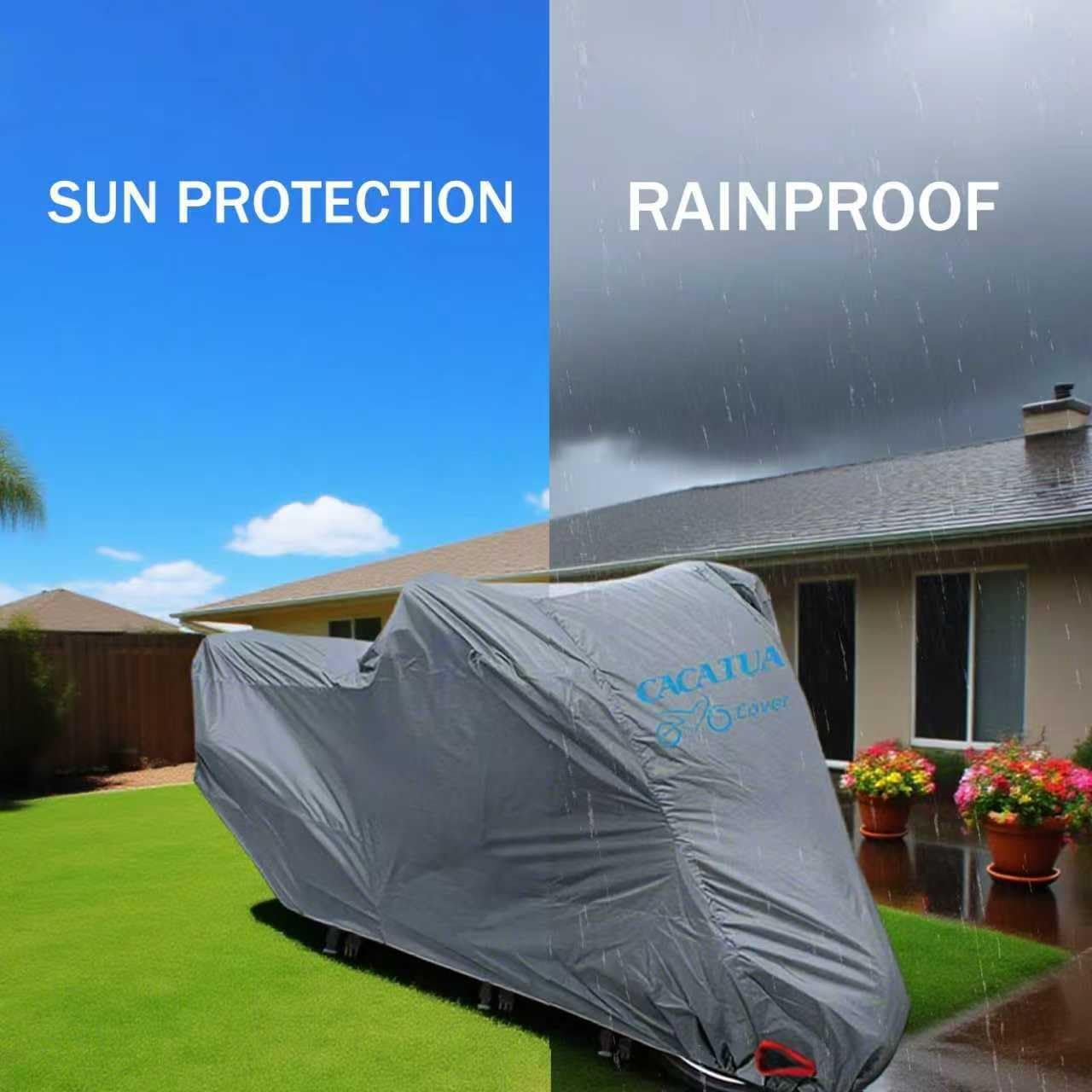 Motorcycle Cover, CACATUA Season Motorcycle Cover 100% Waterproof, Professional for Heavy Motorcycle/High-End Motorcycle,Dustproof Outdoor Sun Protection Universal with Lock Holes, Storage Bag, M