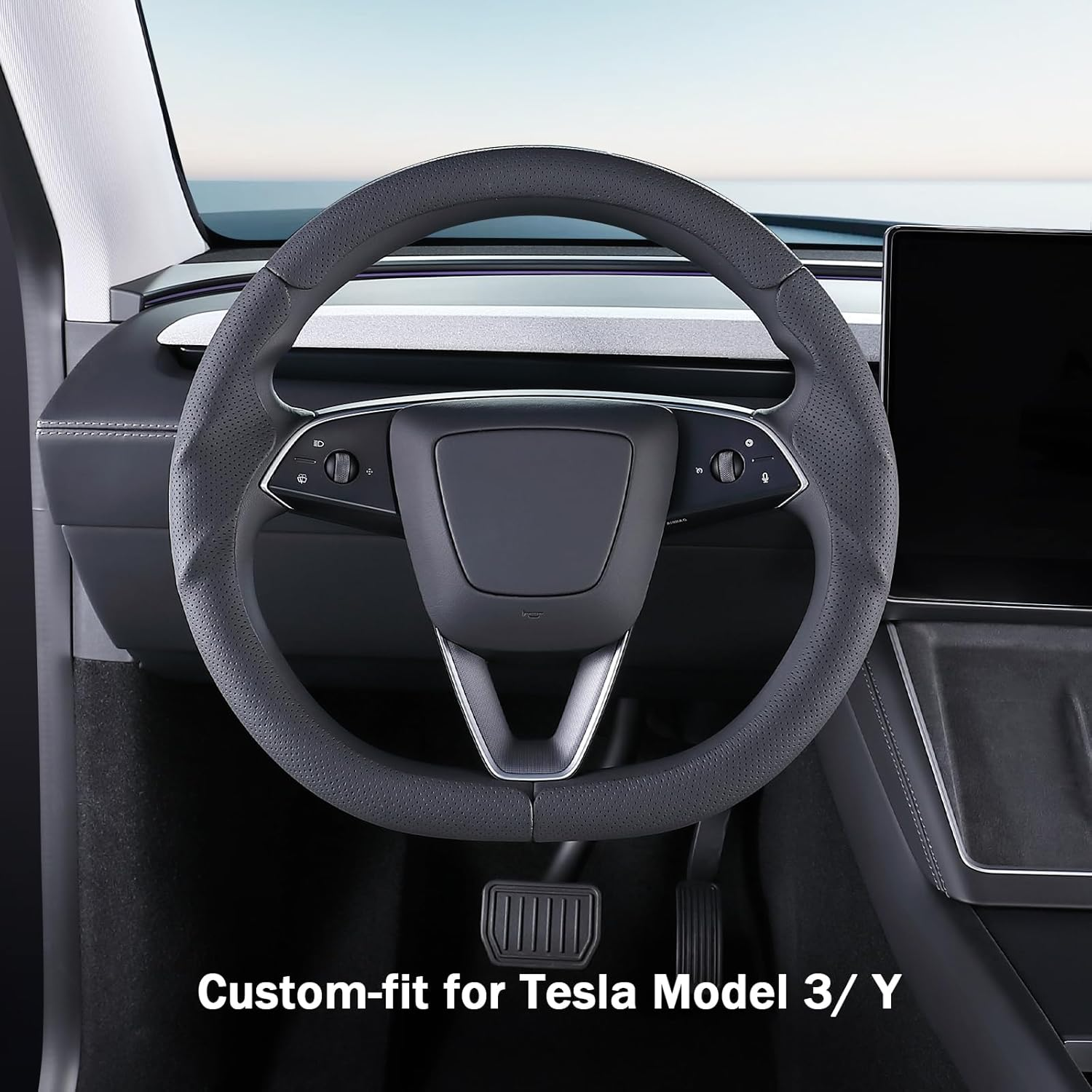 Steering Wheel Cover for Tesla Model 3 2024-Present Highland/Tesla Model Y Juniper 2025-Present, Leather Steering Wheel Cover for Tesla Model 3 Highland/Y Juniper Accessories, Black