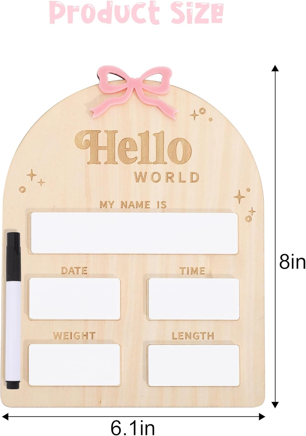 Wooden Bow Baby Birth Announcement Sign for Girls - Pink Bow Hello World Newborn Welcome Board, Wooden and Acrylic Birth Announcement Board, Hospital Birth Stats, Nursery Decorations image number 6