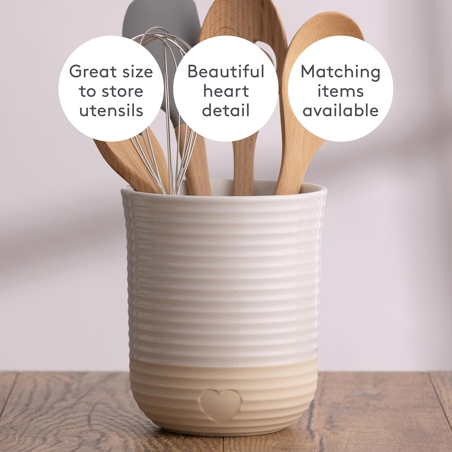 Mason Cash Rustic Charm Utensil Holder Stoneware with Debossed Heart Motif Durable Large Capacity for Kitchen Tools & Gadgets Stylish Countertop Organizer image number 4