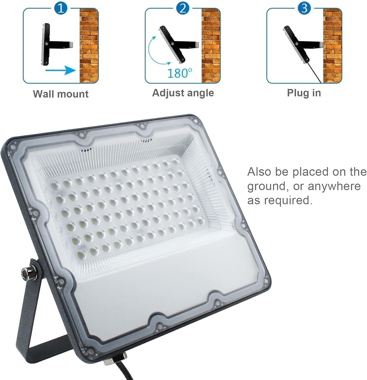 100W LED Flood Lights Plug In, Security Wall Lights Fixtures 6500K 10000LM Outdoor Indoor Illumination, IP66 Waterproof for Ball Ground, Parking Lot, Pathway, Yard, Garden (2 Pack)
