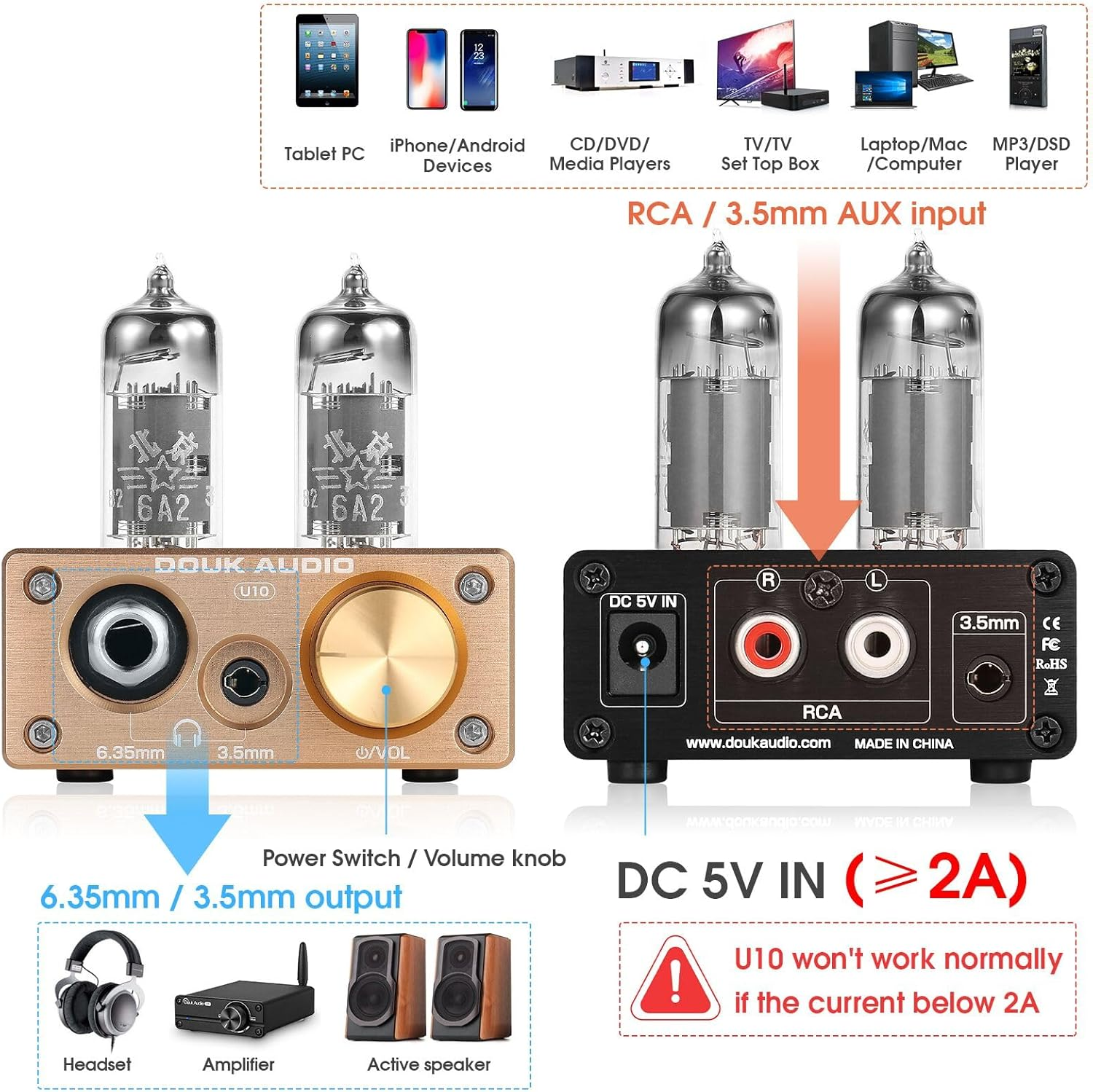 Douk Audio U10 Mini Vacuum Tube Headphone Amp Amplifier 3.5Mm 6.35Mm for PC - High Fidelity Stereo Preamp for Home Speakers & Hi-Res Audiophiles image number 1