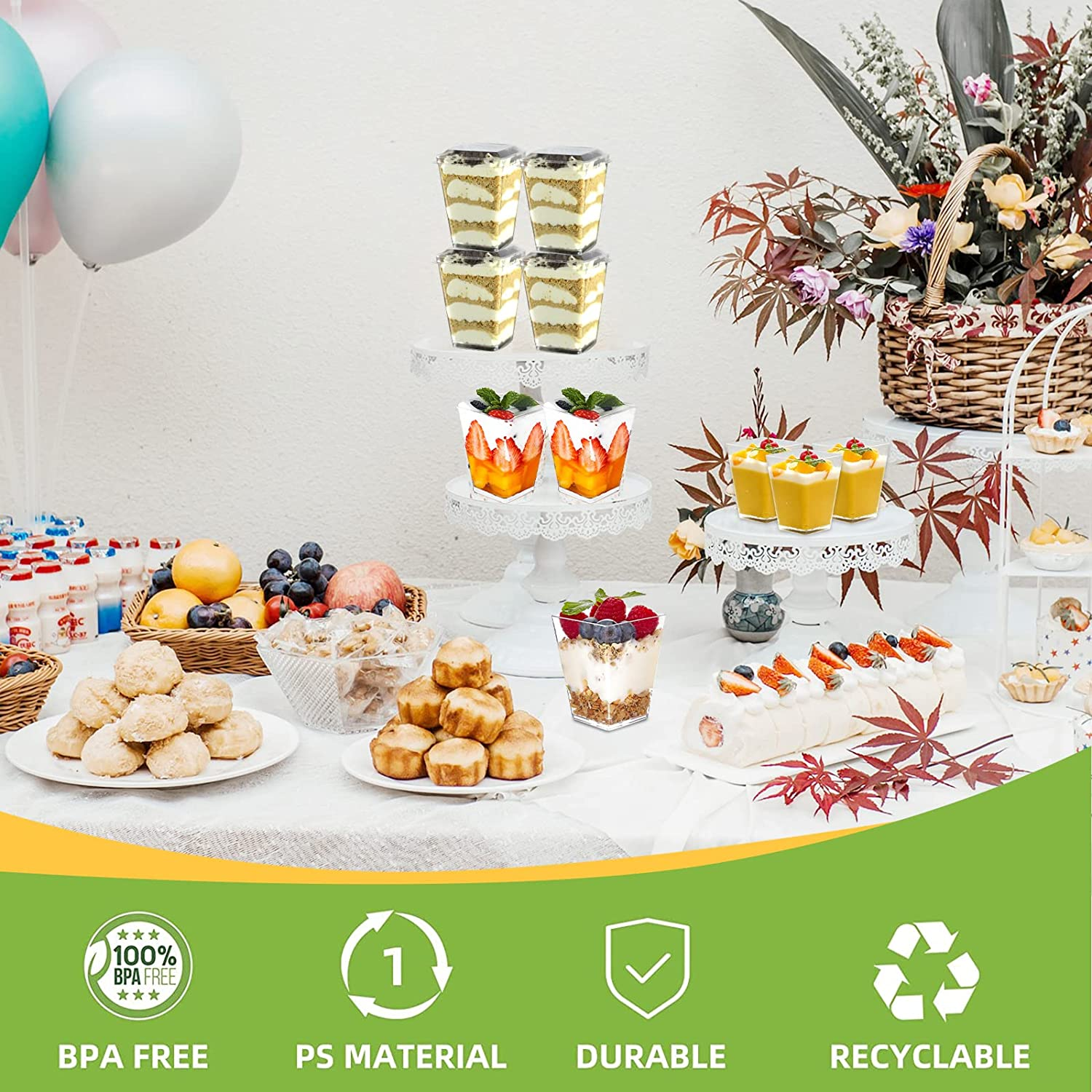 50 X 150Ml Dessert Cups with Lids & Spoons,Clear Plastic Square Cup - Small Reusable Serving Bowl for Tasting Party Shooters Desserts image number 3