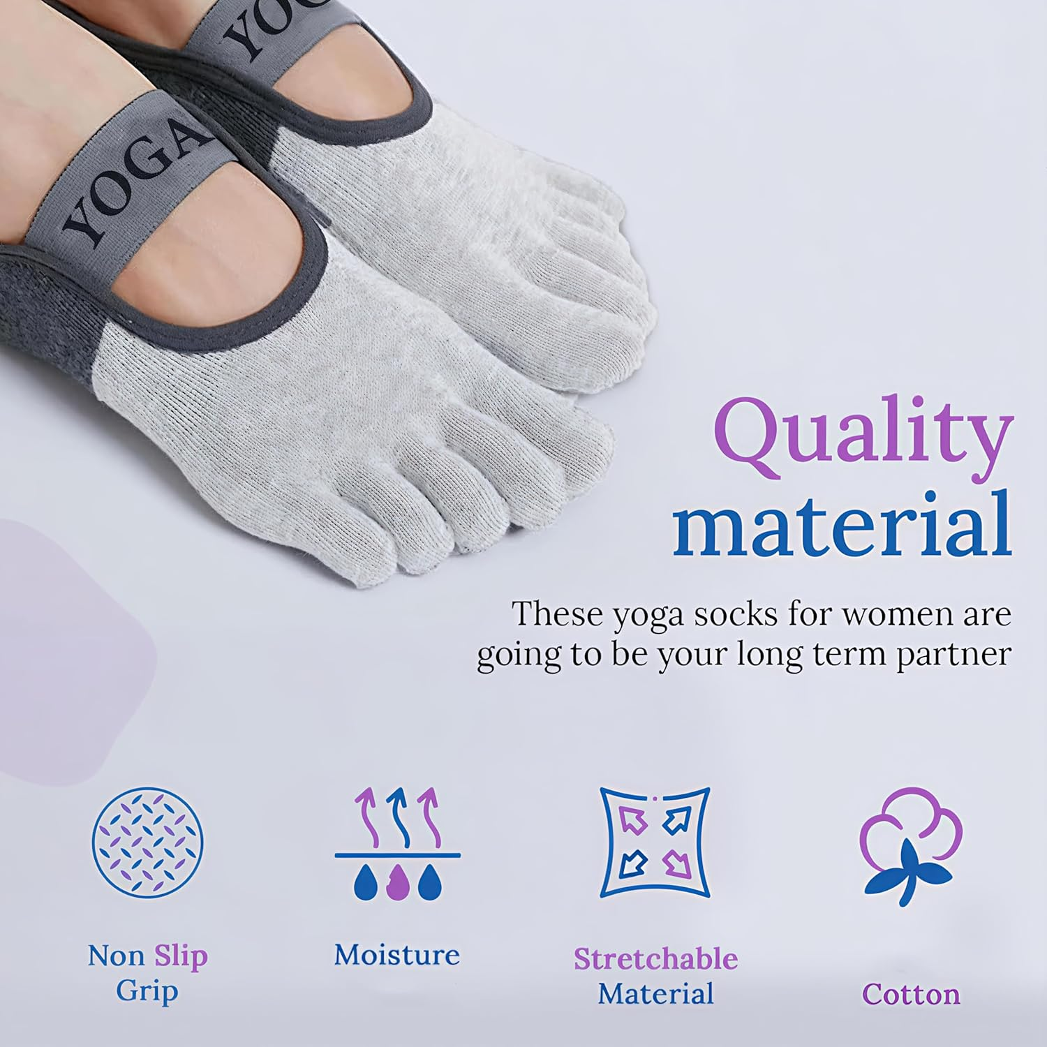 Pilates Socks Yoga Socks with Grips for Women Non-Slip Grip Socks for Pure Barre, Ballet, Dance, Workout - 2, Black And Grey image number 3