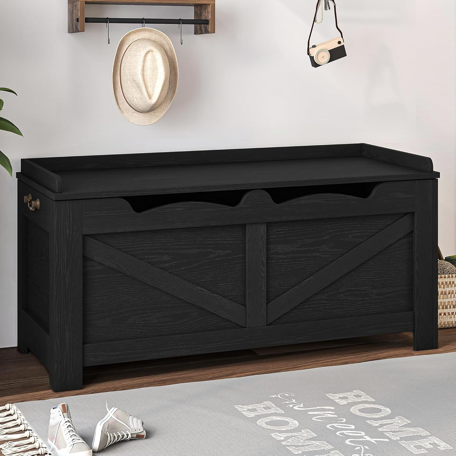 Hzuaneri 39.4" Storage Chest, Extra Large Storage Trunk with 2 Safety Hinges, Wooden Box Bench, Lift-Top Organizer Chest, Shoe Bench for Entryway, Bedroom, Living Room, Black SB04504X image number 4
