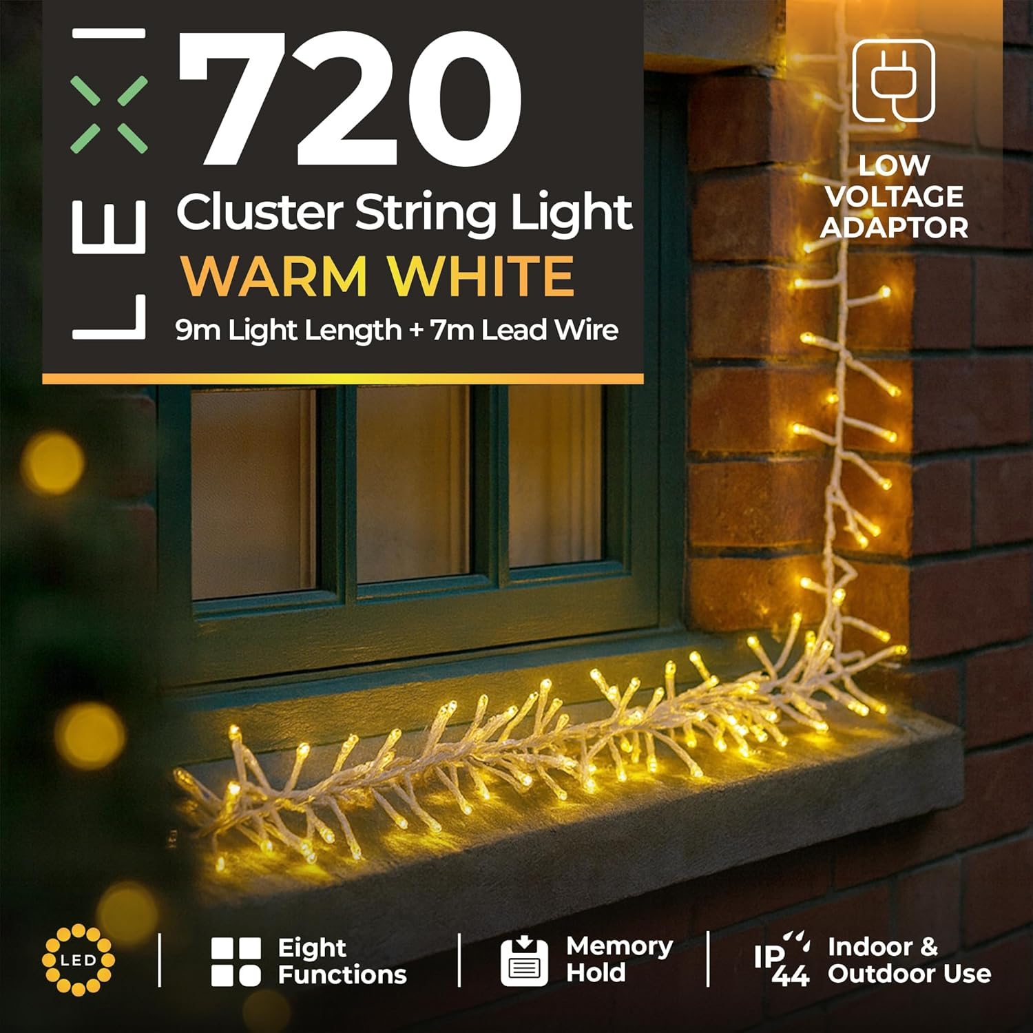 720 LED Cluster Light with Clear Cable -3 Colour Options - Warm White