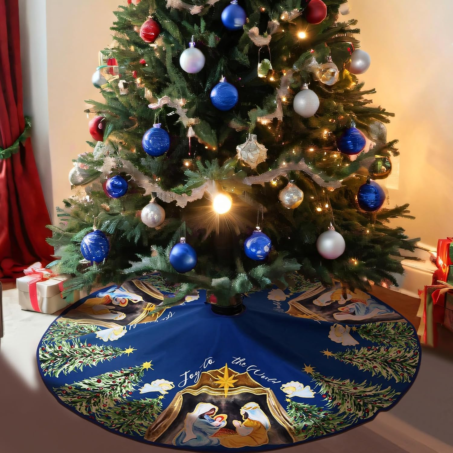 Nativity Christmas Tree Skirt Joy to the World Winter Tree Mat Nativity Scene Decorative Tree Skirt Farmhouse Xmas Ornaments Rustic Vintage Christmas Decor for Holiday Party(Blue,48 Inch) image number 6