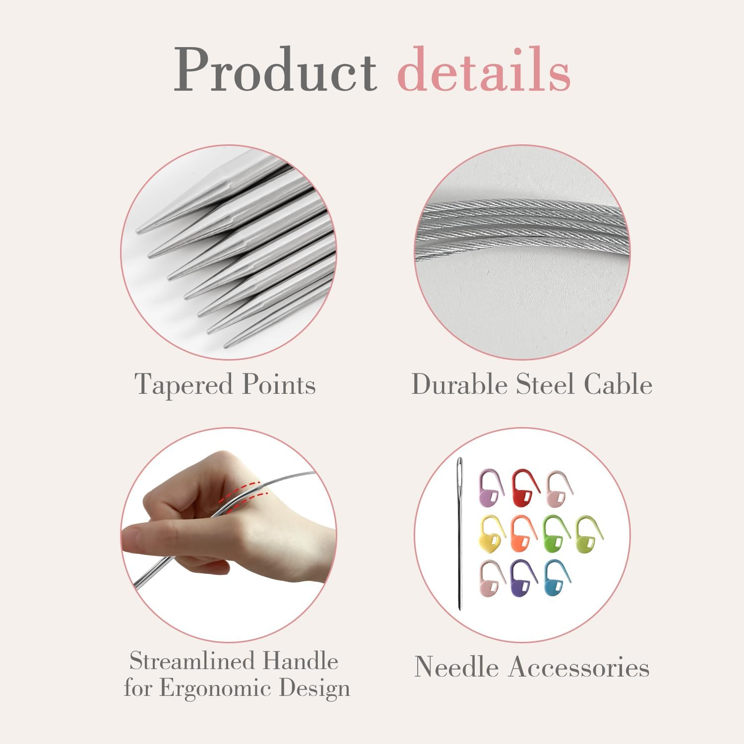 28PCS Knitting Needles Funcyboo,Circular Knitting Needles 32"Stainless Steel Circular Knitting Needles Metal round Knitting Needles with Stitch Markers & Blunt Needle for Begining Fit Hot Sleeve Sweet image number 1